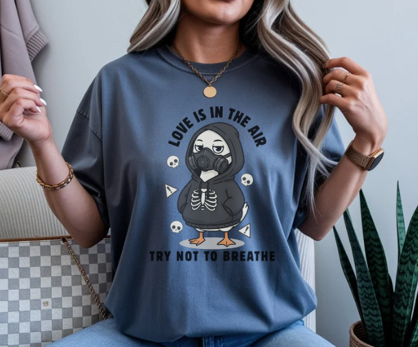 Sarcastic Valentines graphic tee with duck wearing respirator mask