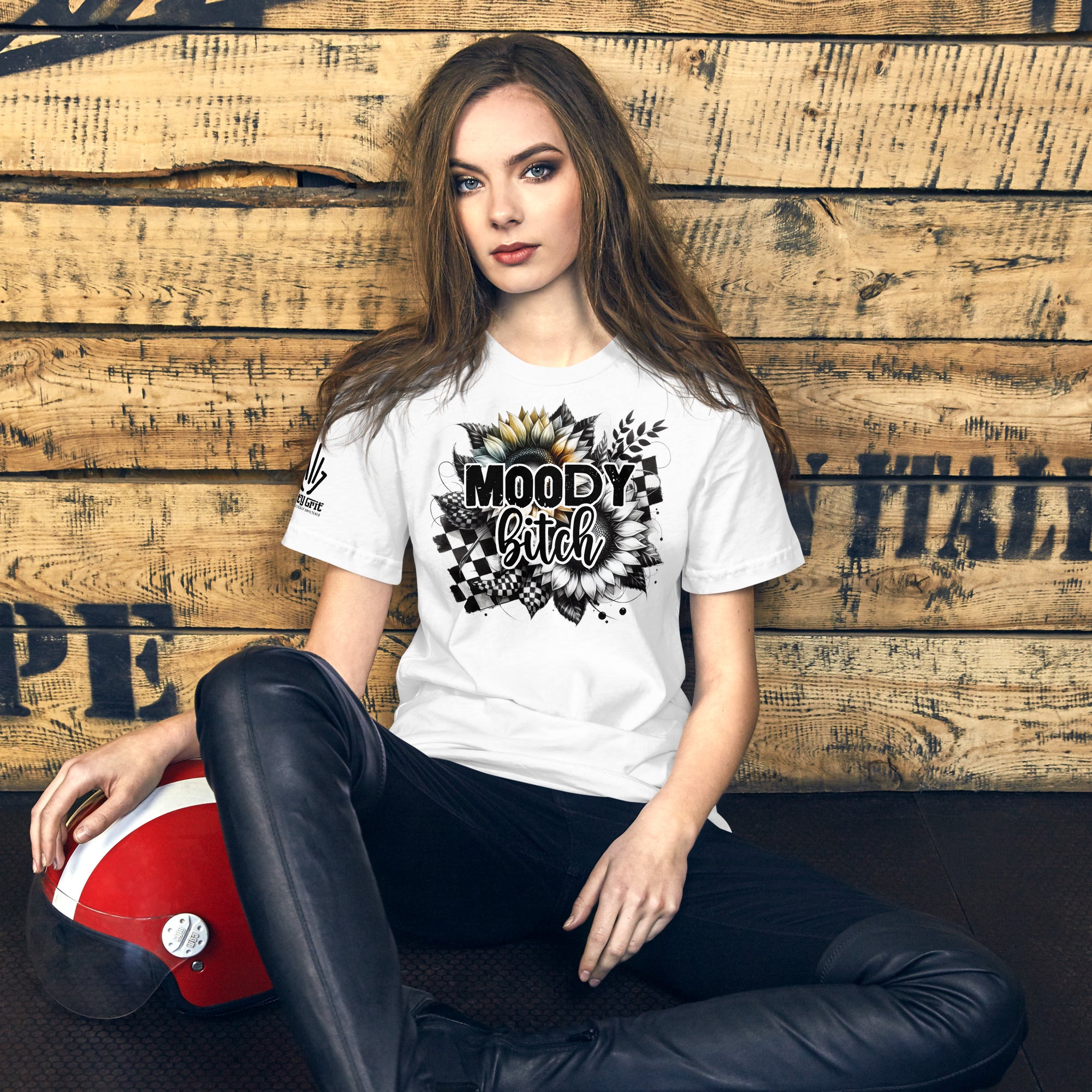Sarcastic women’s t-shirt with flower and “Moody Bitch” saying