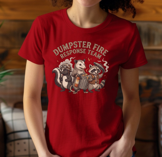 Funny shirt featuring Dumpster Fire Response Team quote with raccoon skunk and opossum