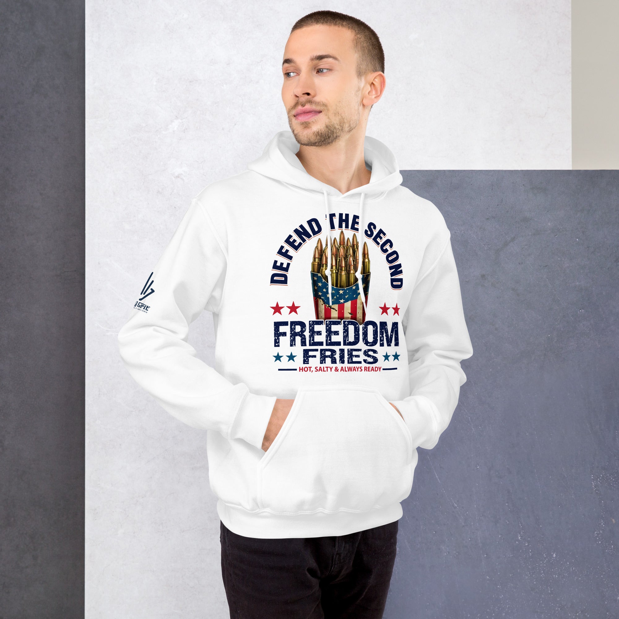 Second Amendment hoodie with sarcastic freedom fries artwork