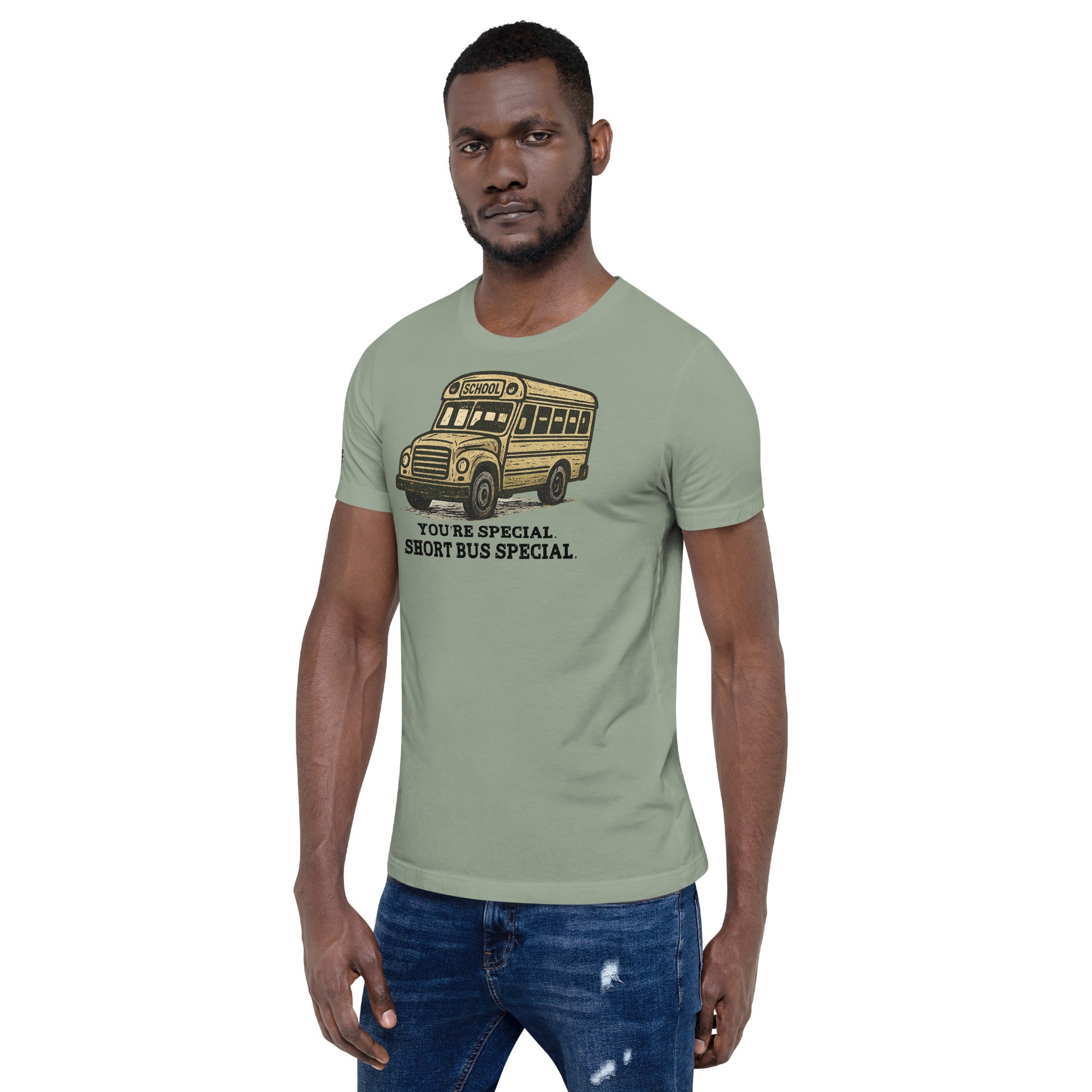 Offensive humor graphic tee with short bus joke