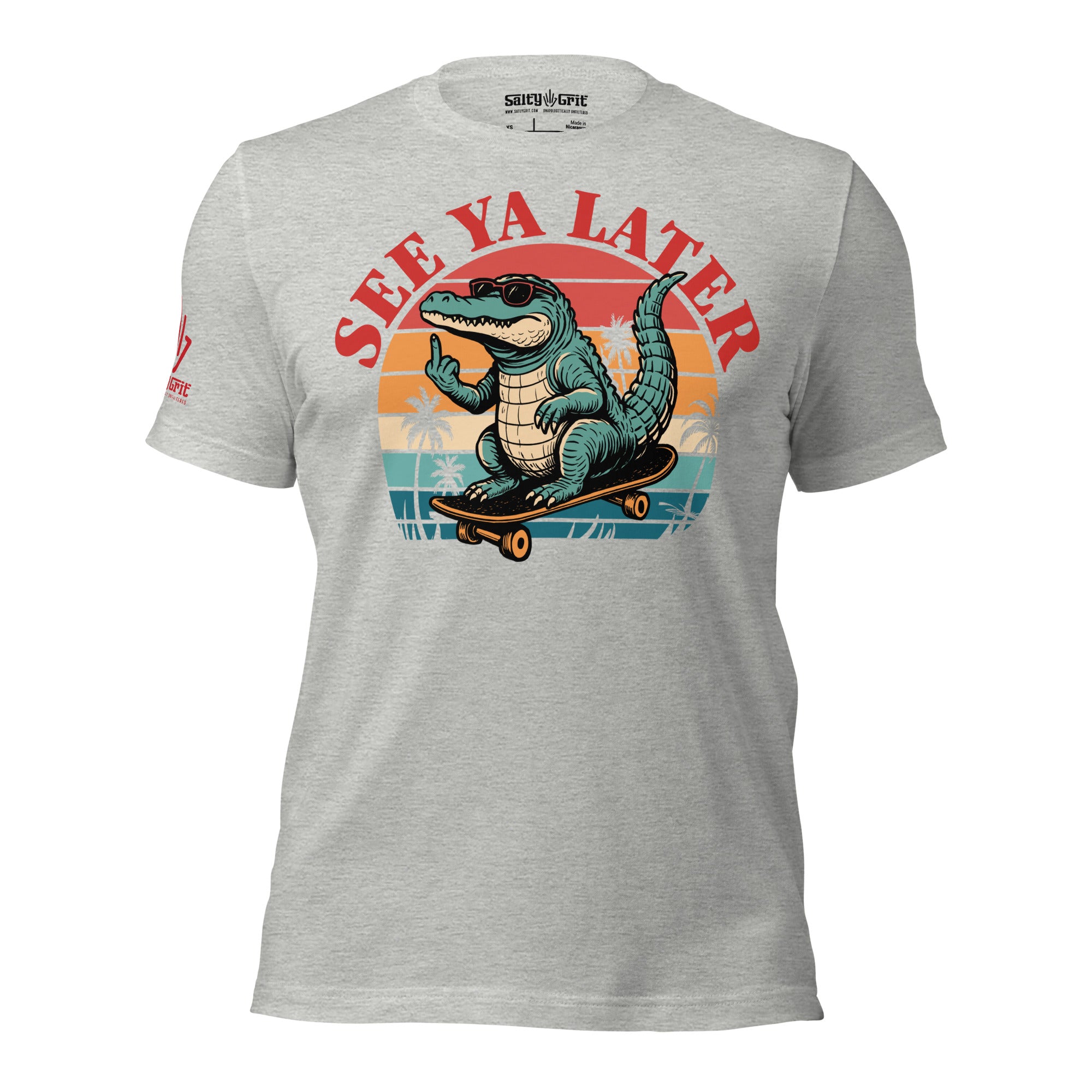 Skater-style sarcastic t-shirt with rude alligator graphic