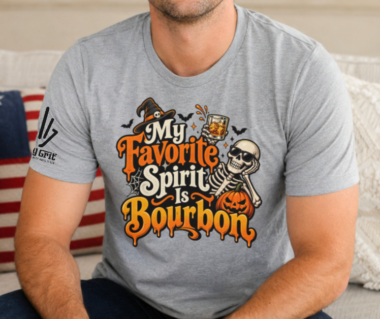 Skeleton holding a glass of bourbon on the My Favorite Spirit Is Bourbon shirt design