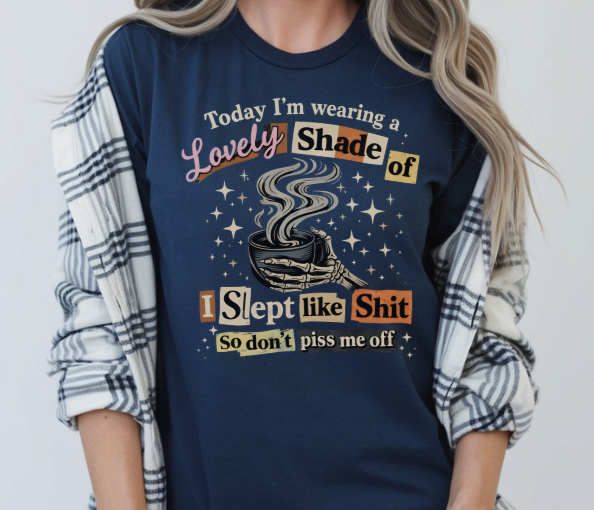 Sarcastic graphic tee for people who slept like crap featuring skeleton hand