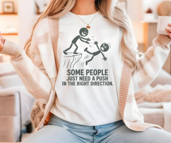 Sarcastic dark humor graphic tee with cartoon stick figure design
