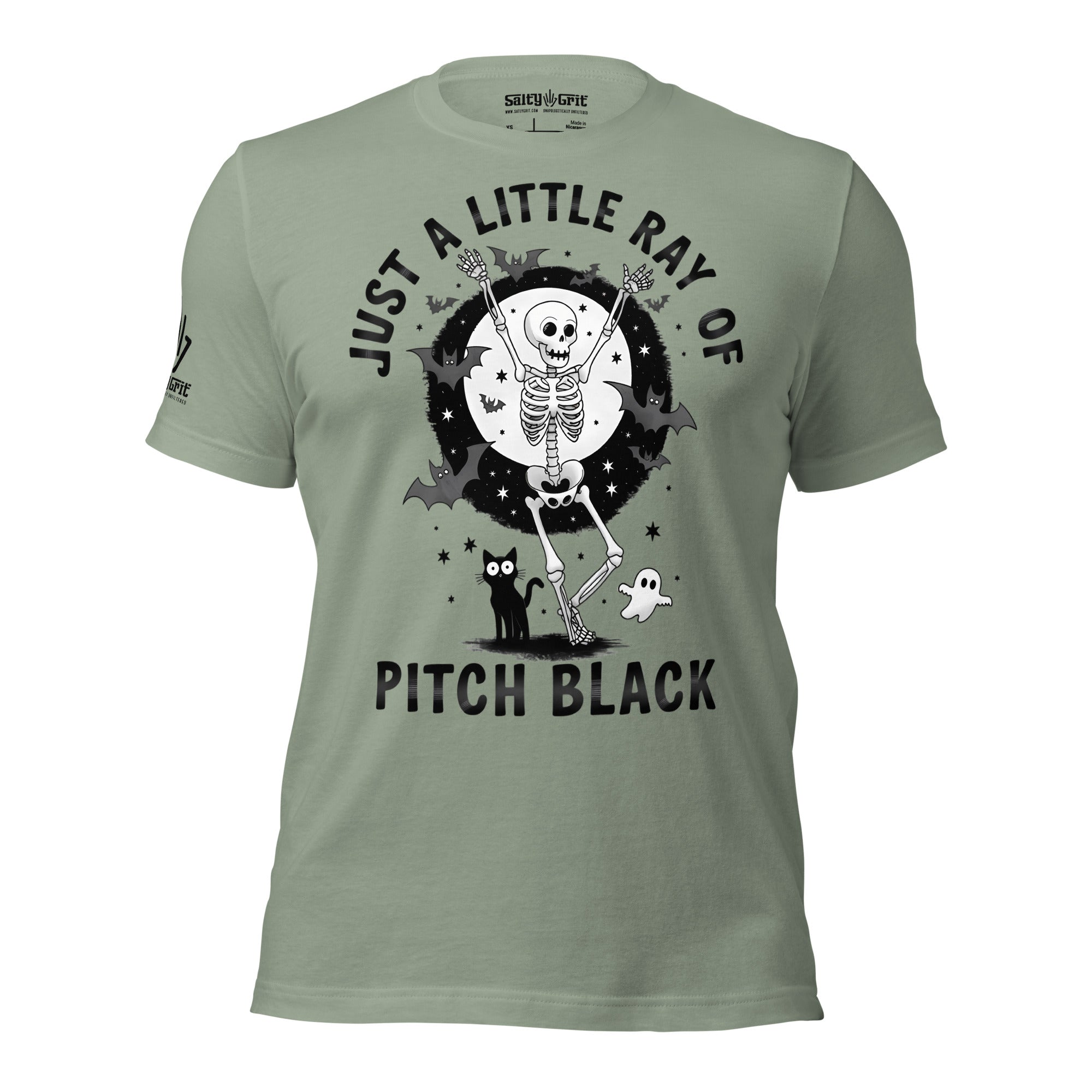 Spooky sarcastic t-shirt featuring skeleton and black cat design