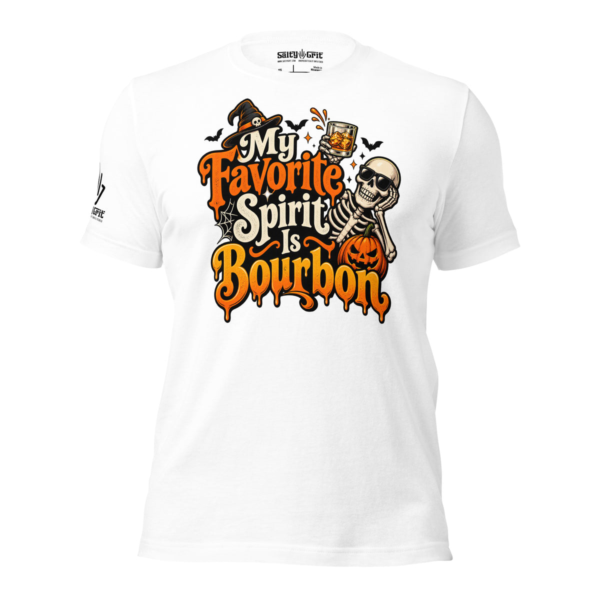 Spooky-season shirt graphic combining a skeleton, bourbon, and a drinking-themed joke.