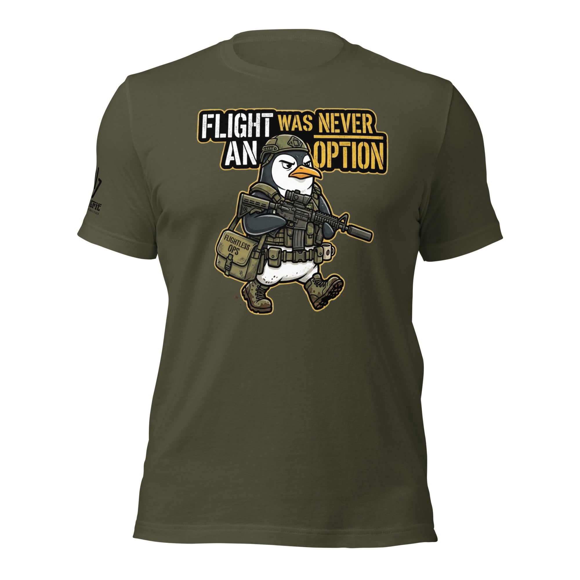 Graphic tee featuring a penguin in tactical gear with sarcastic humor