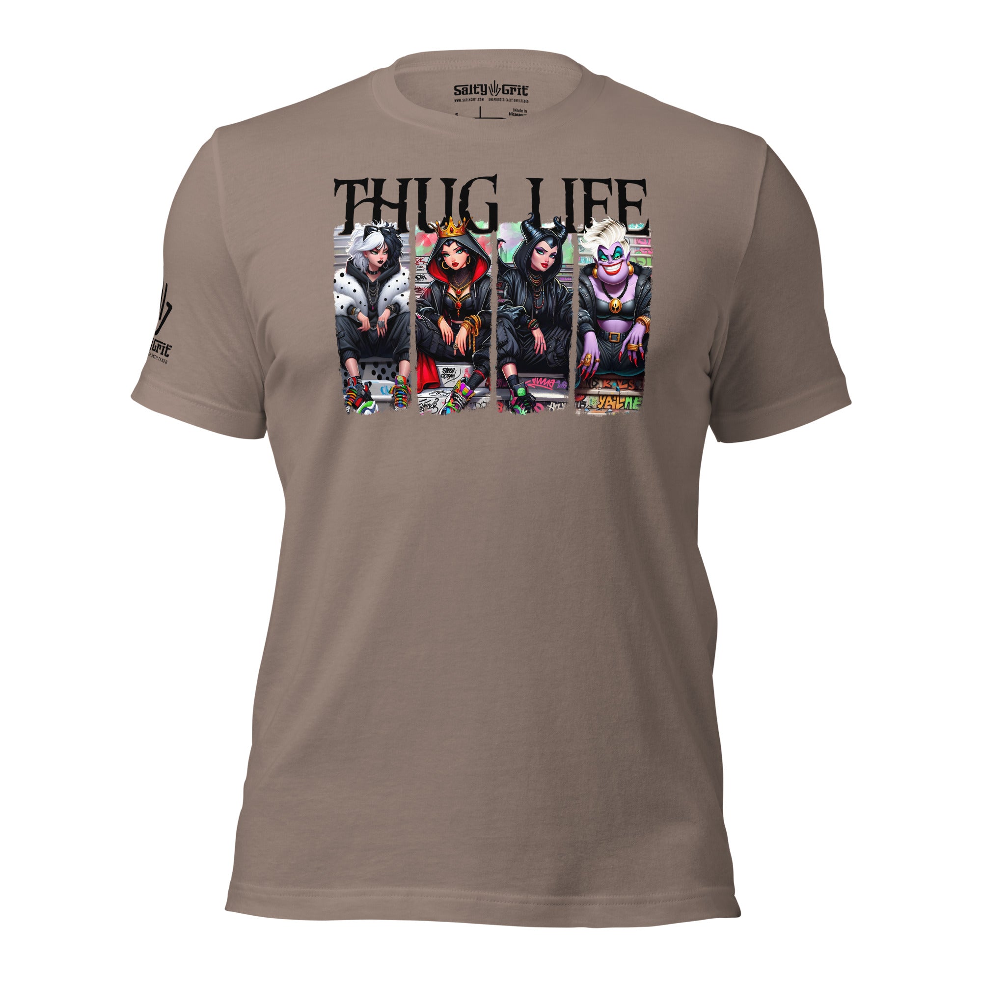 Funny Halloween shirt with Thug Life text and Disney villains Cruella de Vil, Ursula, and Evil Queen