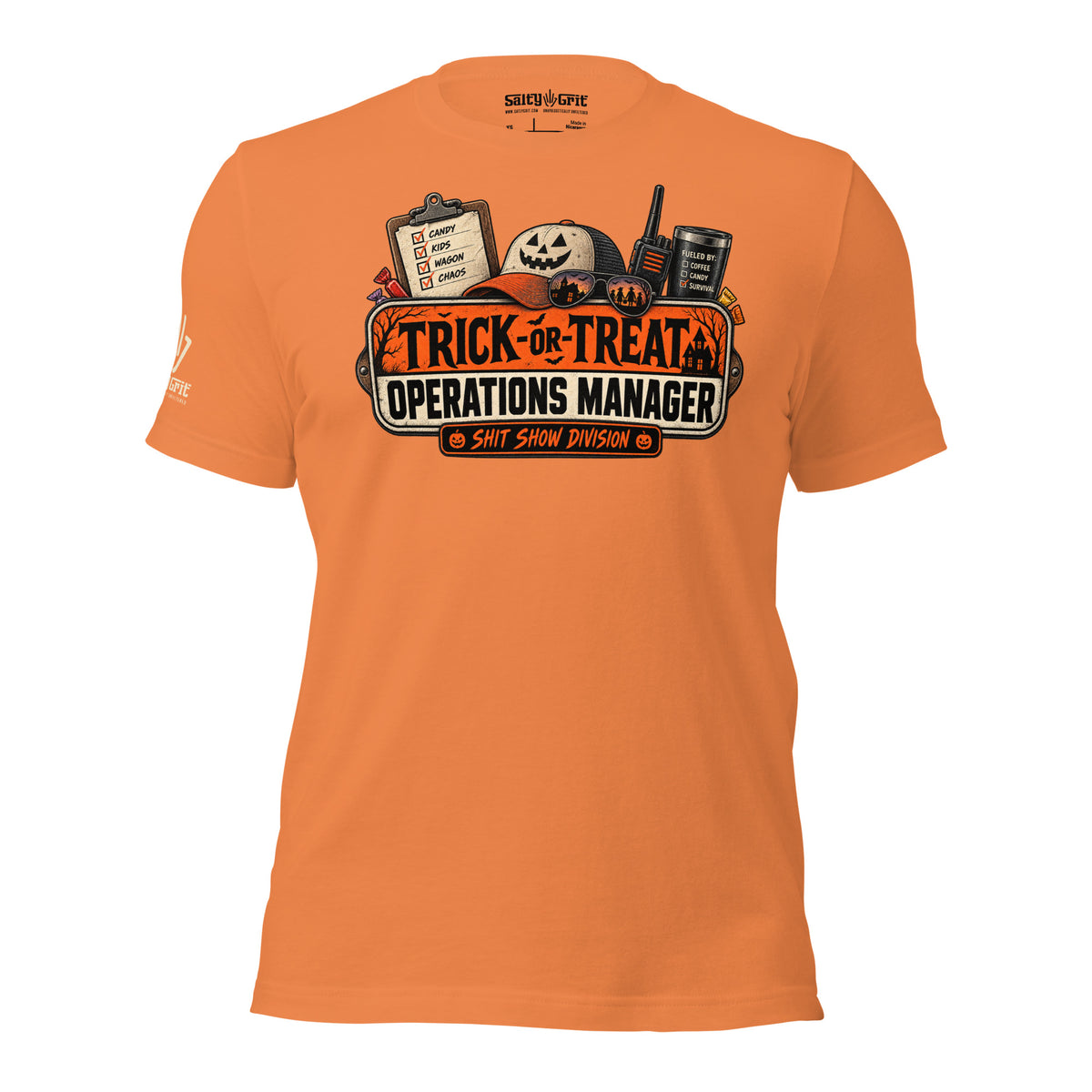 Funny trick or treat coordinator shirt with checklist, tumbler, and walkie-talkie