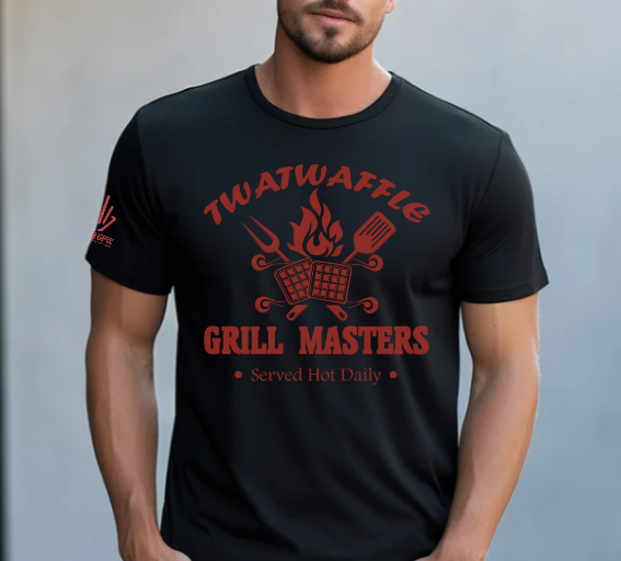 Funny BBQ graphic tee featuring Twatwaffle Grill Masters Served Hot Daily