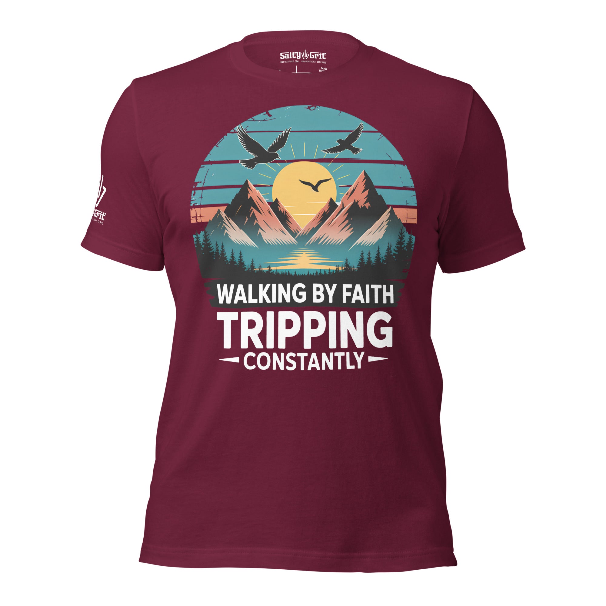 Walking by Faith Tripping Constantly shirt – sarcastic Christian graphic tee for men and women