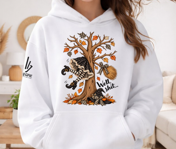 Well Shit funny witch hoodie with broom and tree graphic