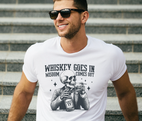 Funny whiskey shirt with skeleton drinking whiskey and humorous quote