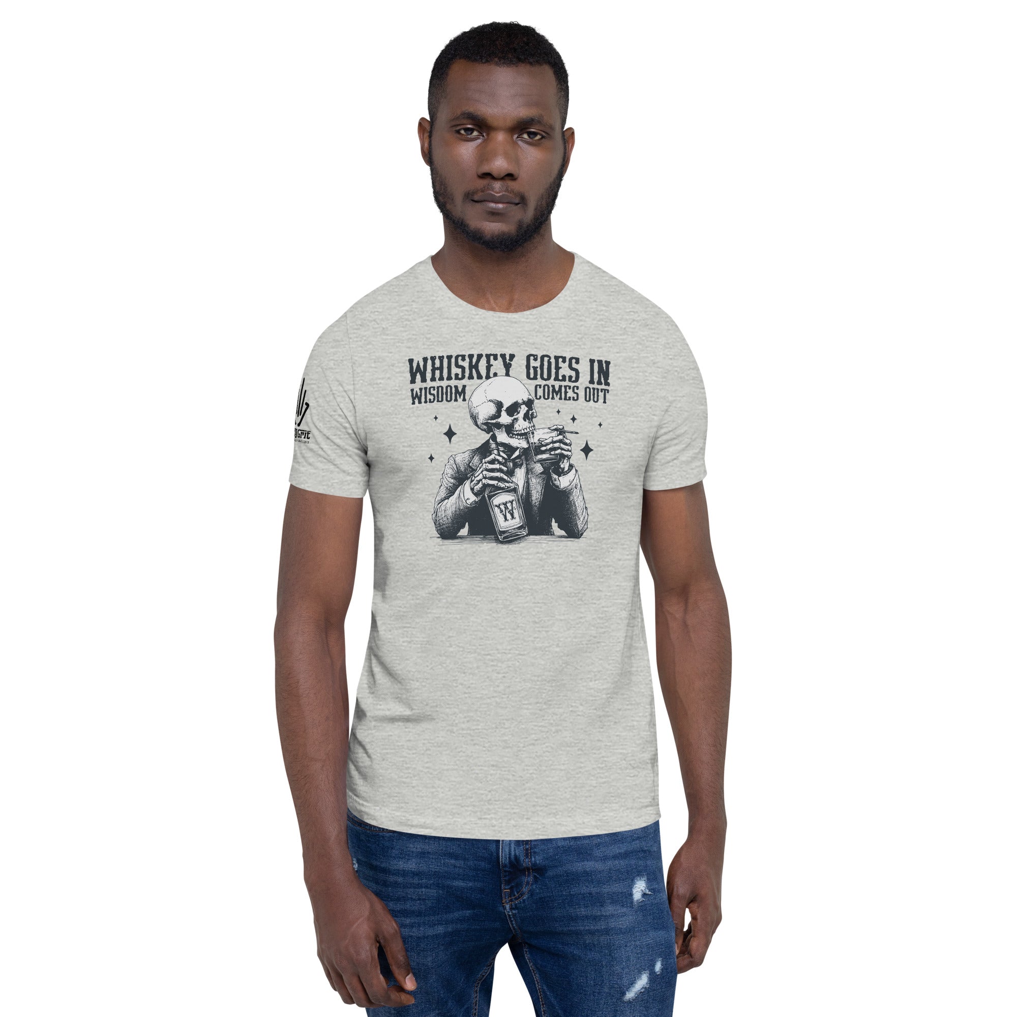 Funny graphic tee for whiskey lovers with skeleton artwork