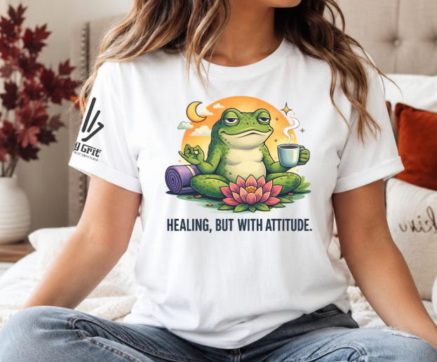 Funny frog meditation graphic tee with coffee and sarcastic humor