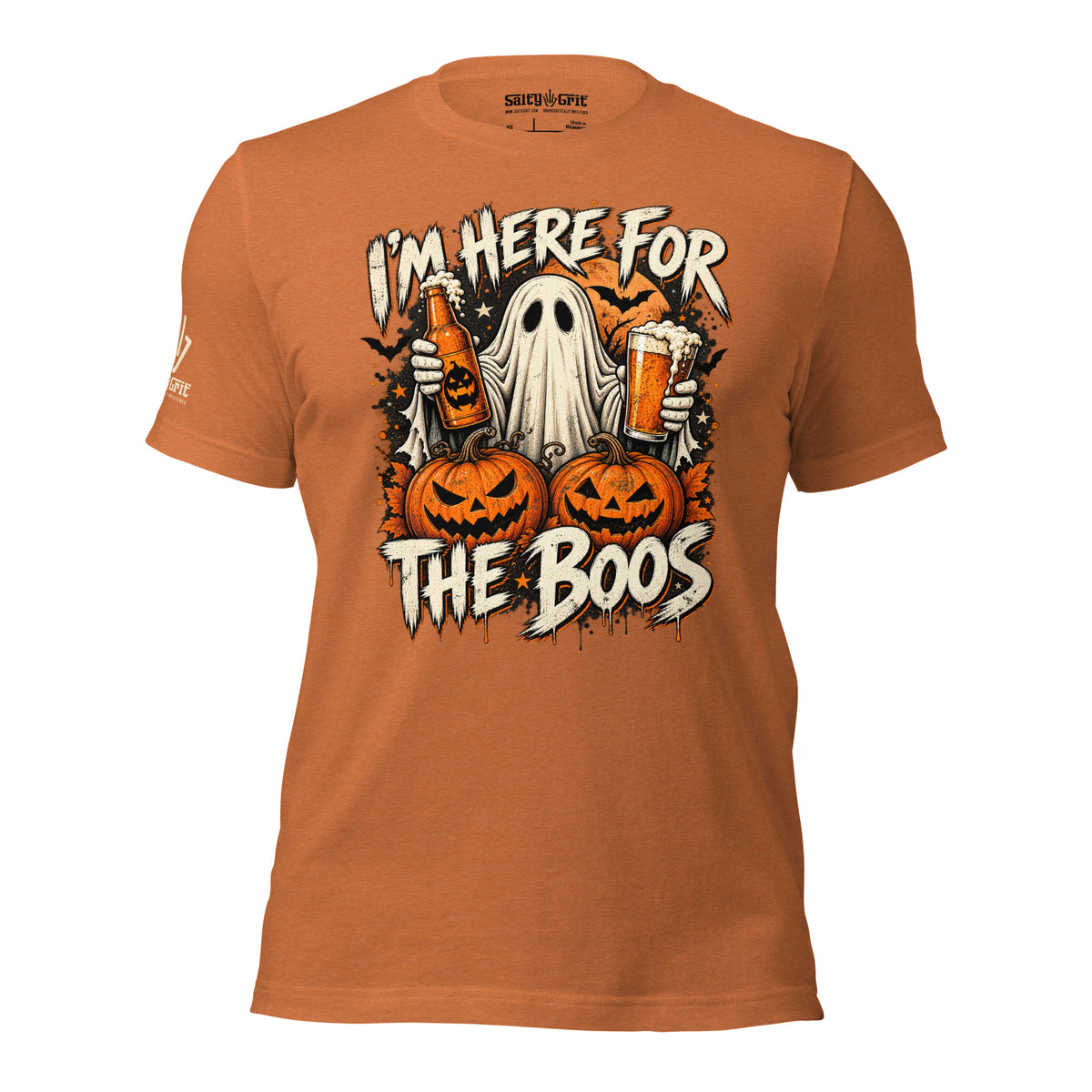 Adult Halloween drinking shirt with a beer-holding ghost and spooky humor