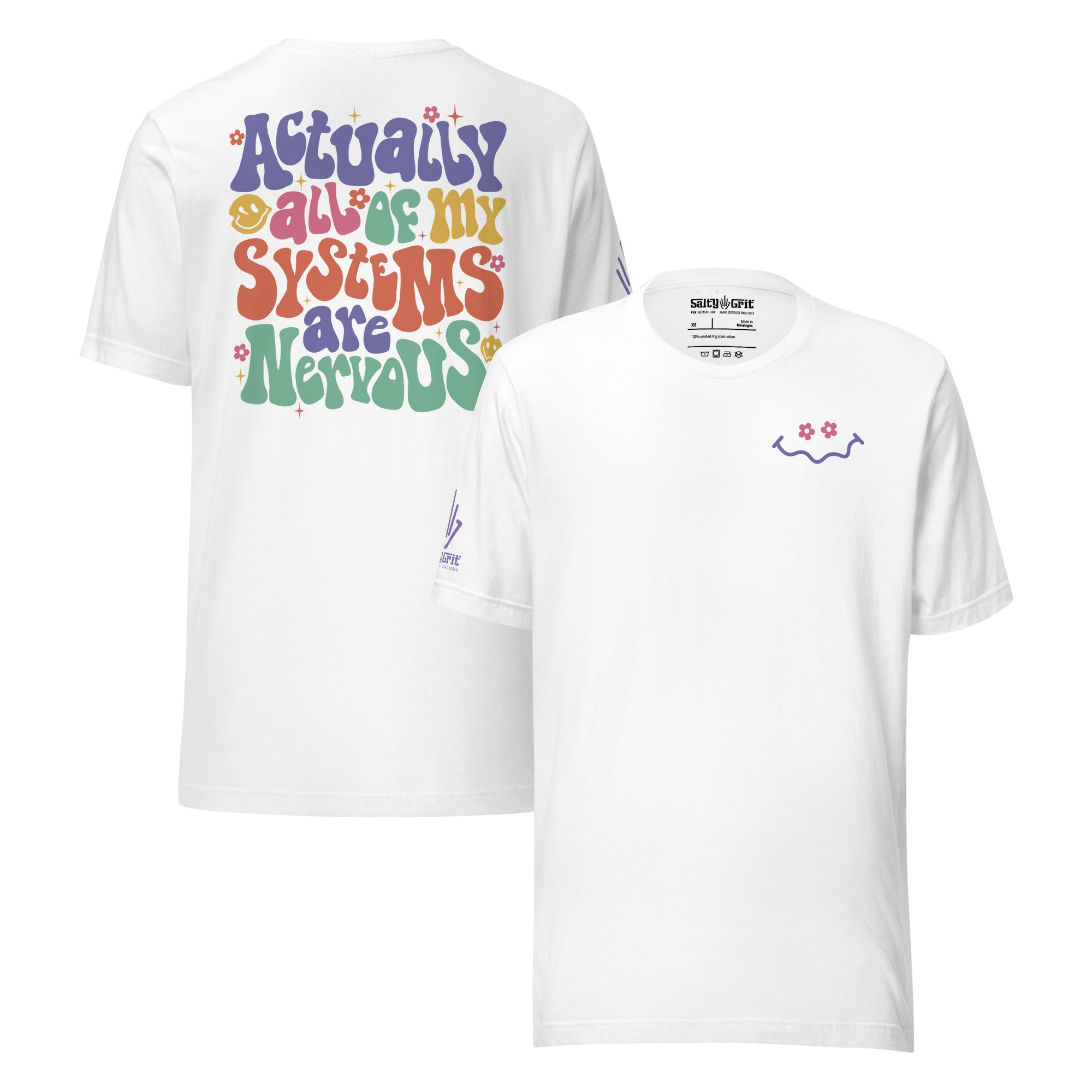 Funny sarcastic t-shirt with “All My Systems Are Nervous” in retro wave font