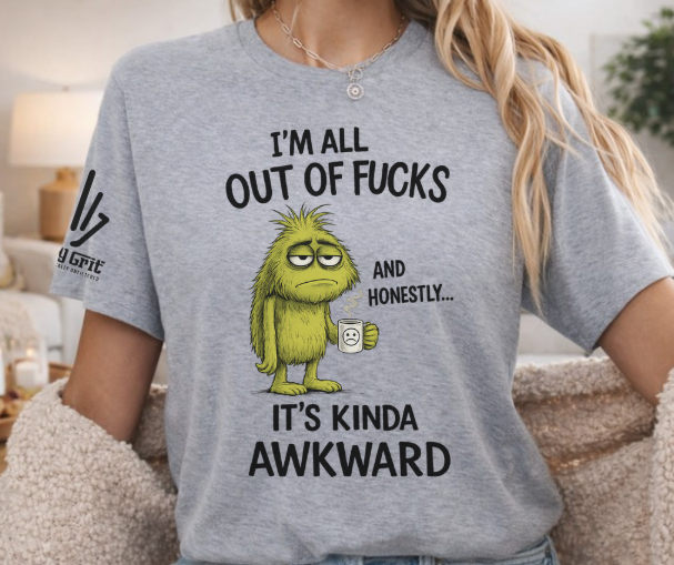 Sarcastic coffee shirt featuring a sad monster with an All Outta Fucks quote