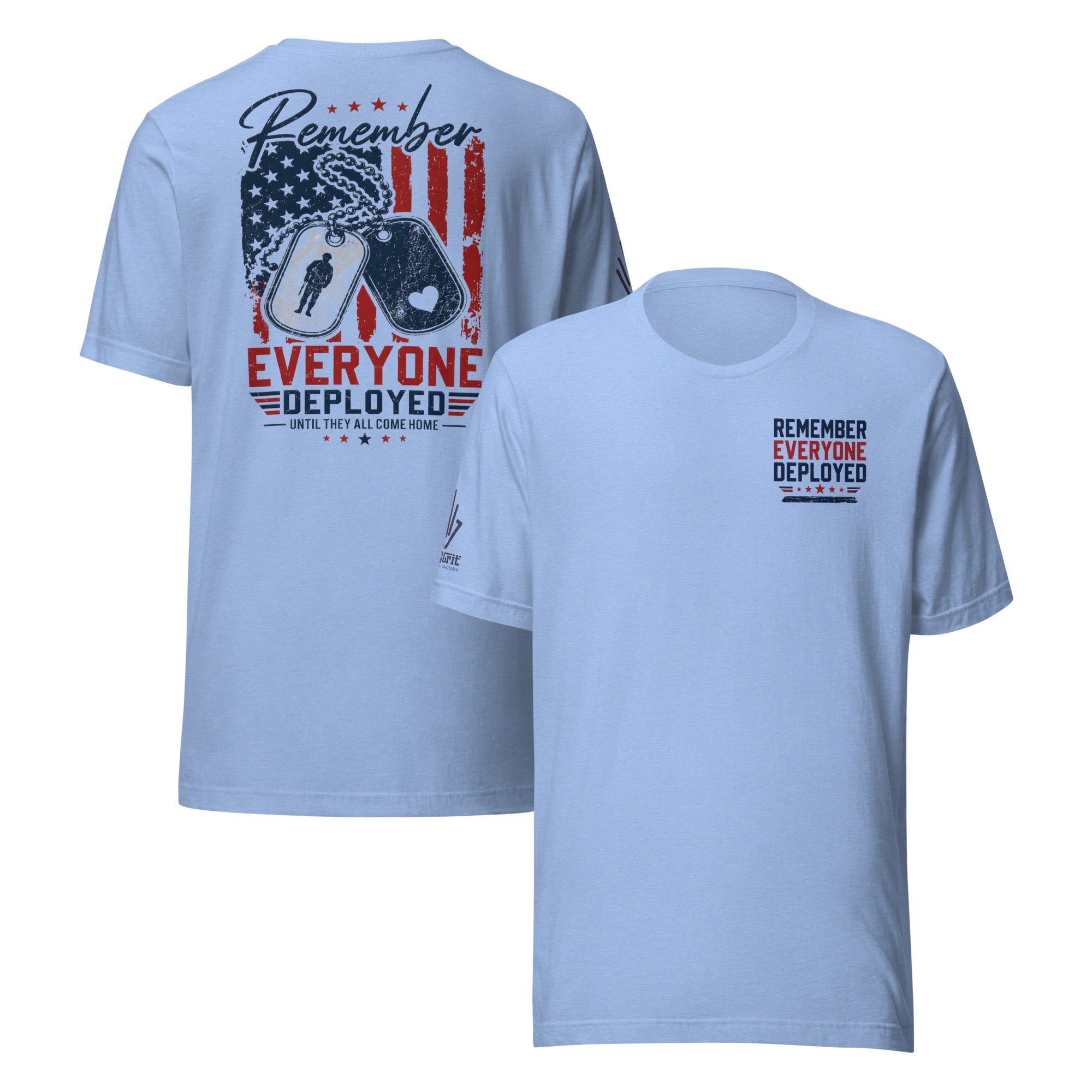 Patriotic graphic tee featuring an American flag and military dog tags