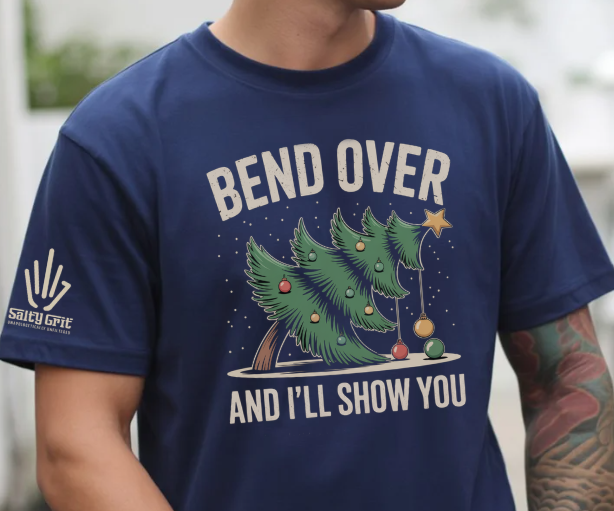Offensive humor Christmas tee with playful bent tree illustration