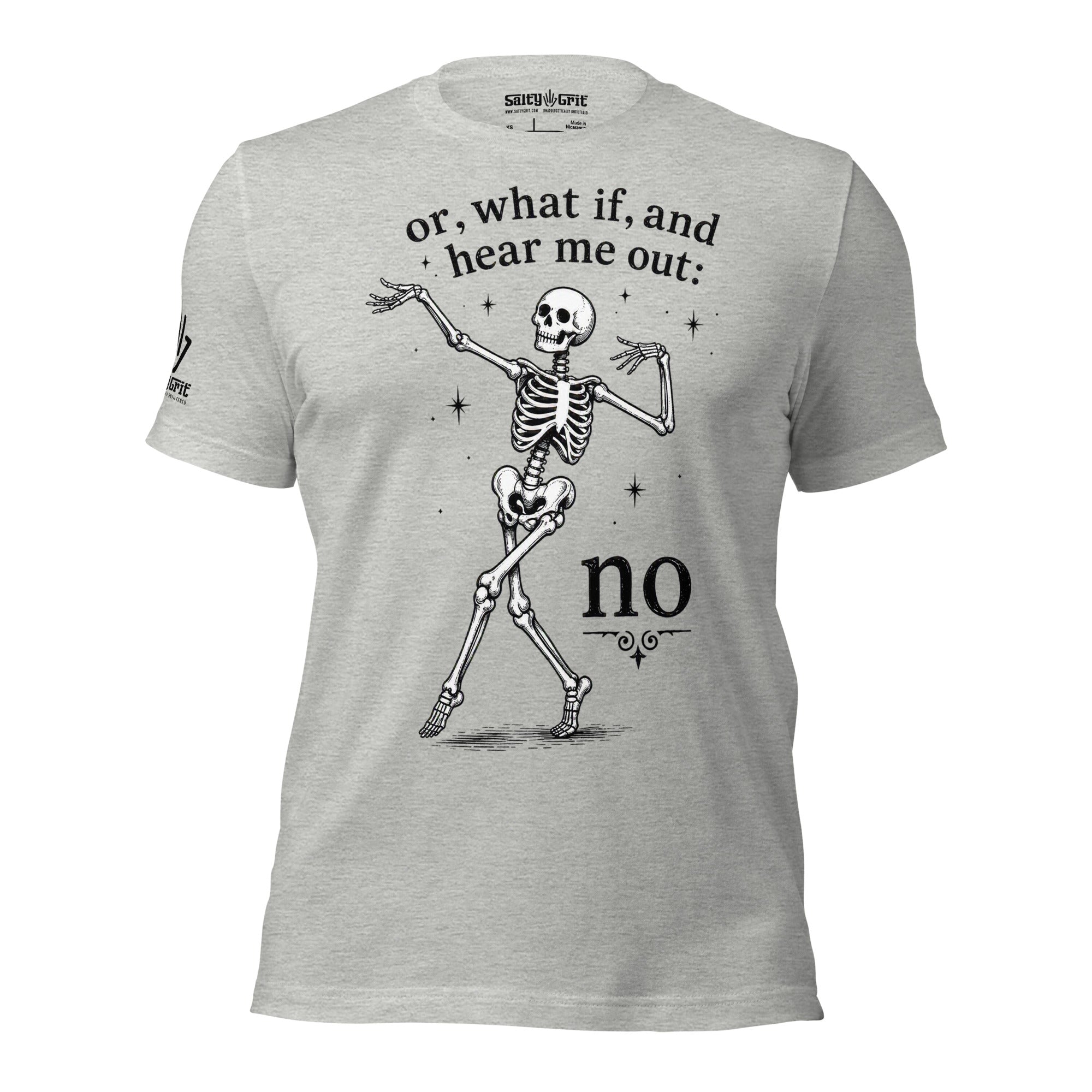 Funny gift shirt for introverts featuring a dancing skeleton and sarcastic NO quote