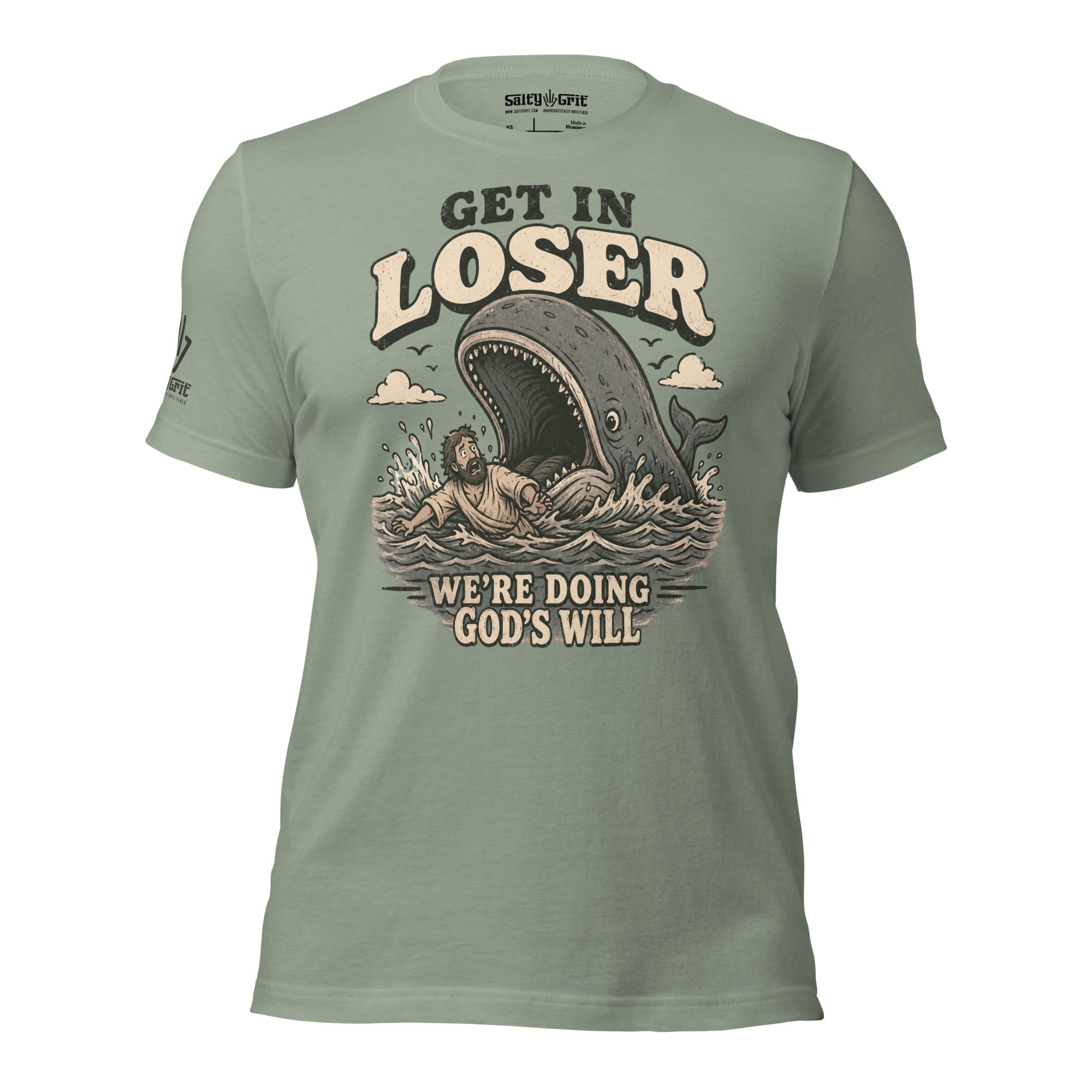 Biblical humor graphic tee with Jonah and whale illustration