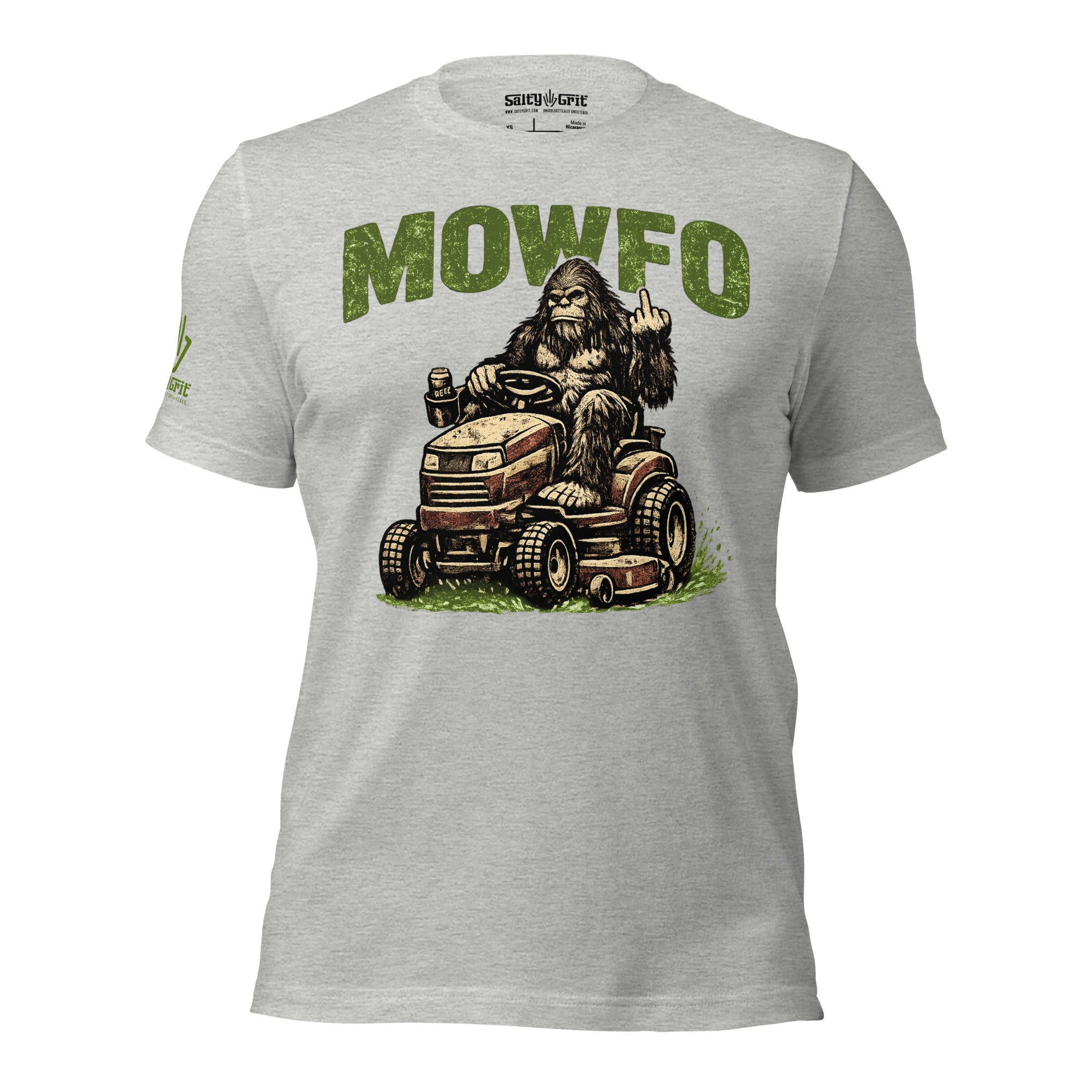 Bigfoot yard work graphic tee with humorous lawn mowing design