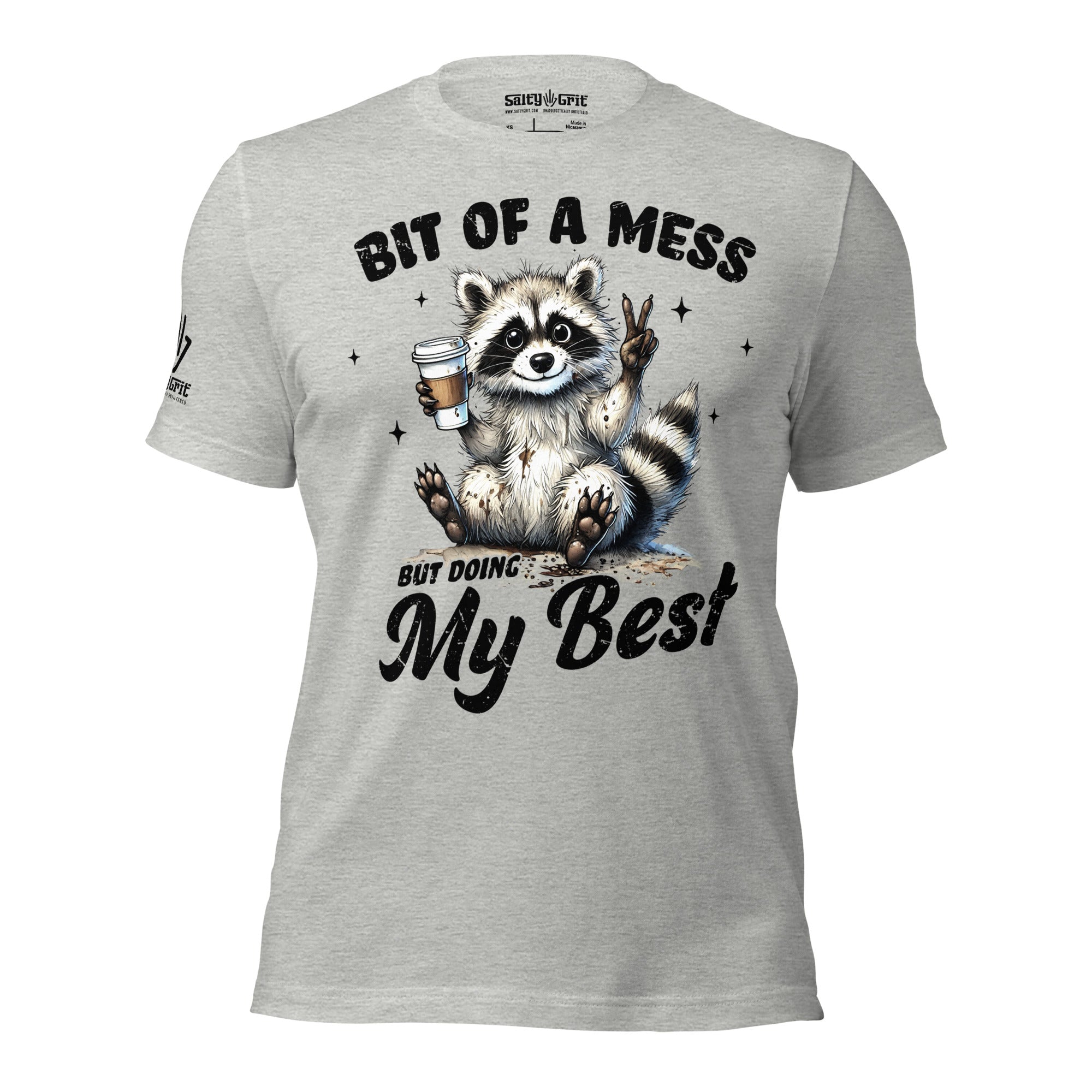 Funny sarcastic t-shirt with raccoon holding coffee and peace sign saying “Bit of a Mess but Doing My Best”