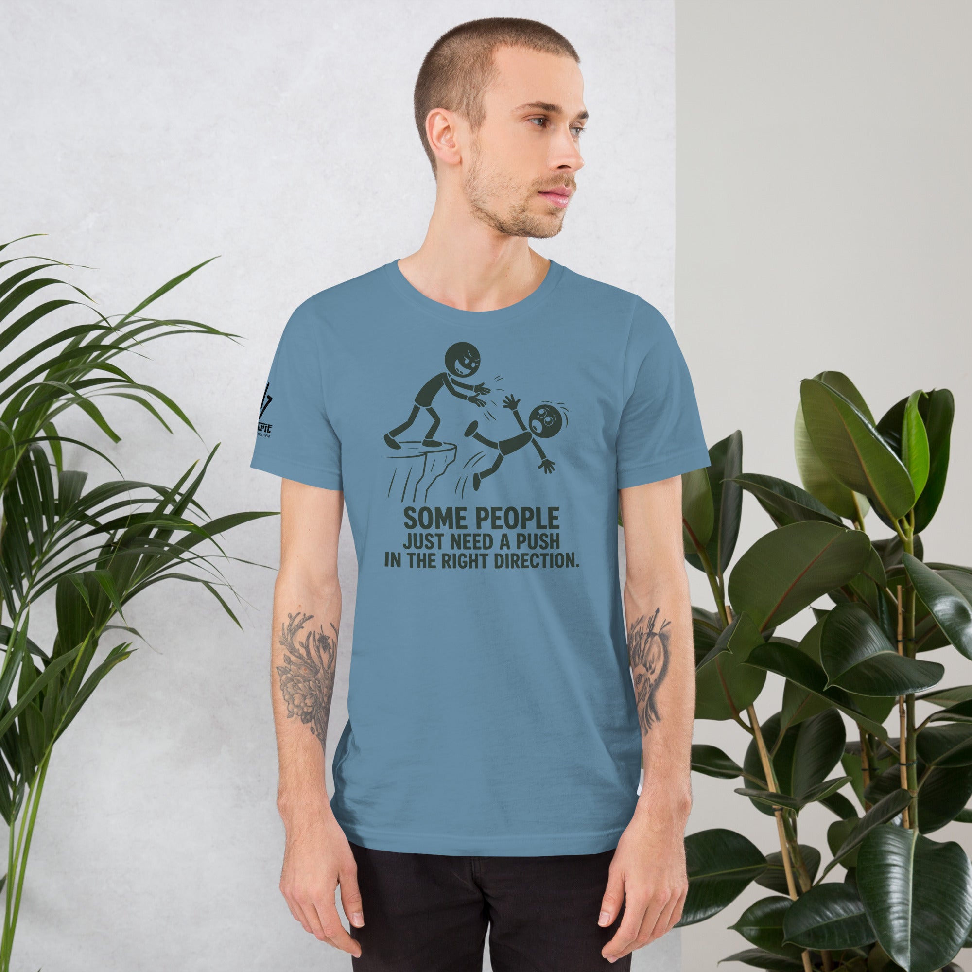 Blunt sarcastic humor shirt with cartoon push joke