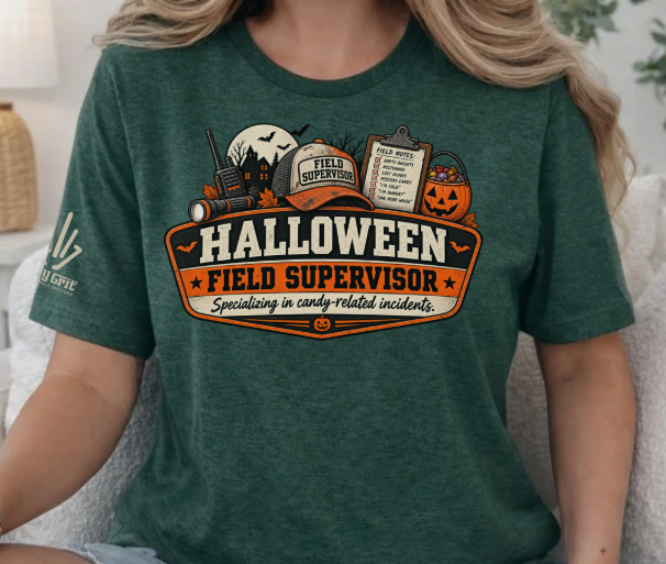 Funny Halloween graphic tee for parents featuring a warning sign and candy checklist
