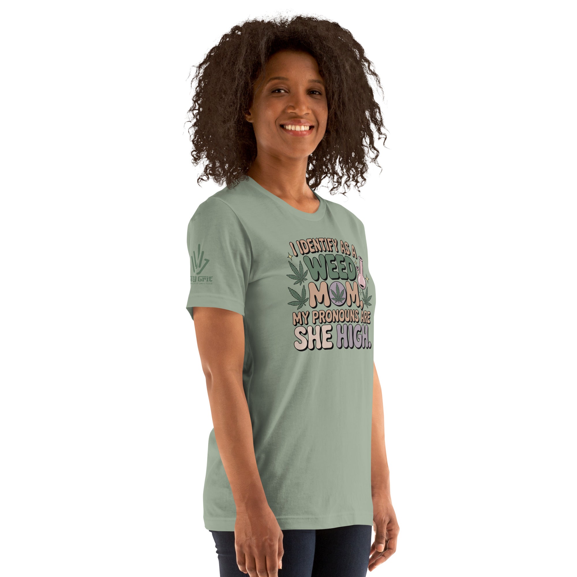 Cannabis mom sarcastic shirt with I Identify as Weed Mom funny slogan