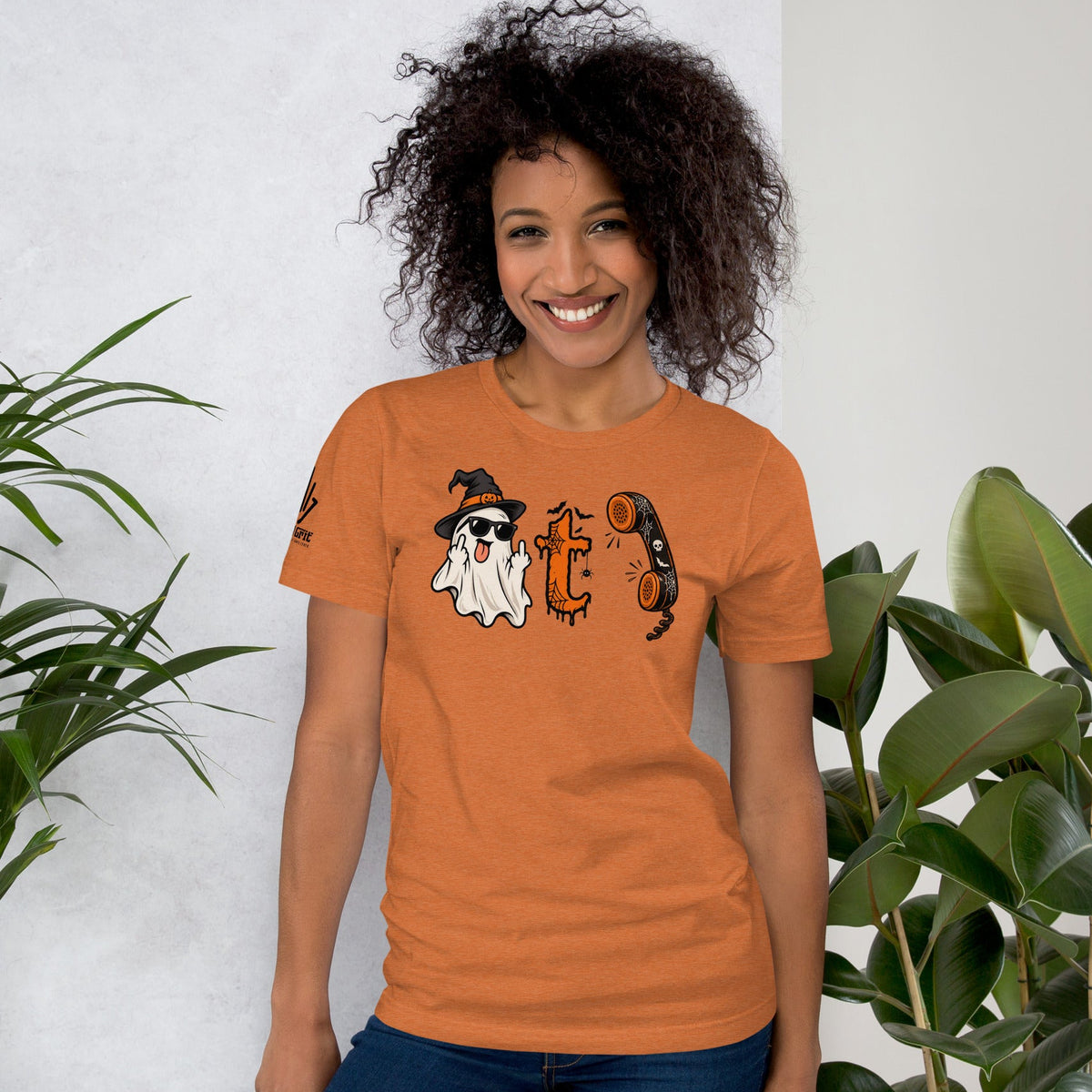 Cheeky ghost Halloween shirt featuring a Boo T Call phone pun