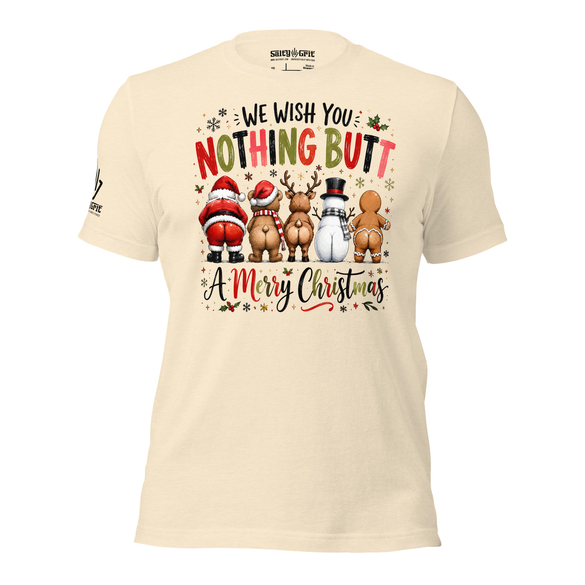 Cheeky Christmas design featuring Santa in a red suit and festive lettering.