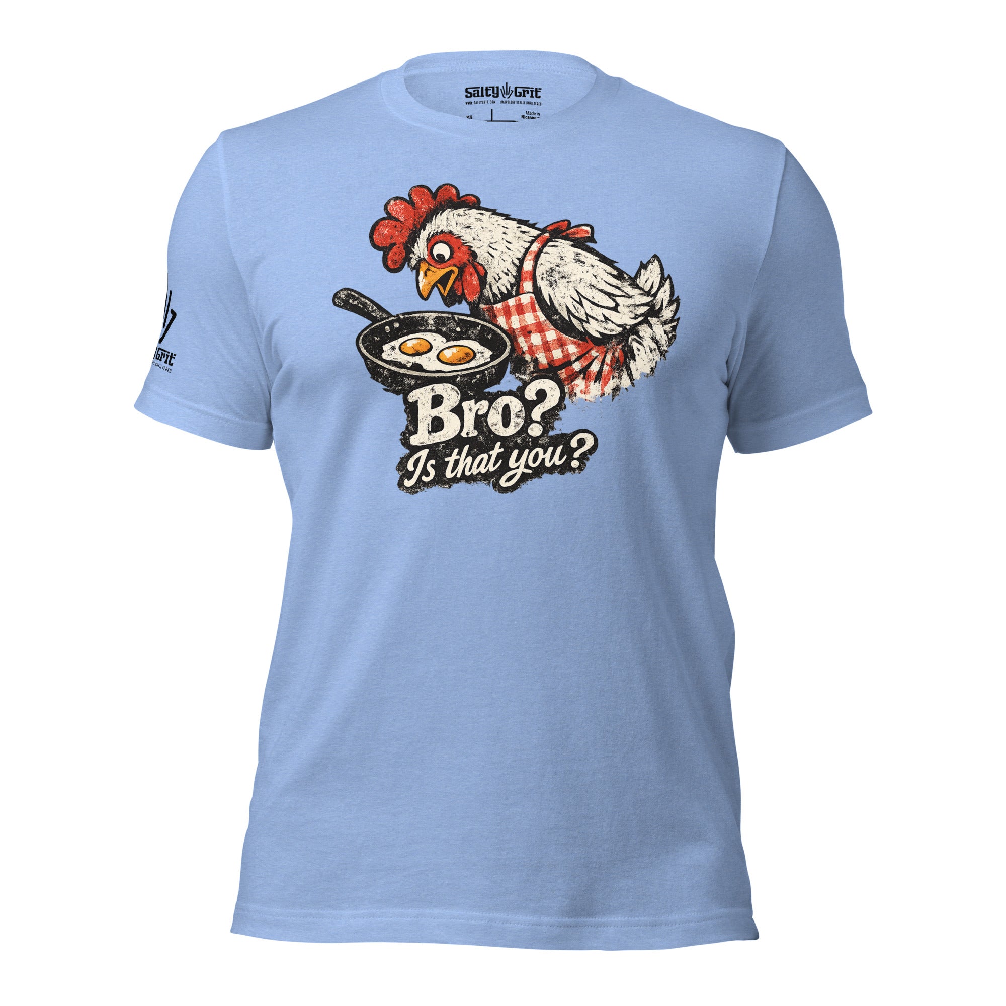 Funny t-shirt with chicken questioning eggs in a frying pan