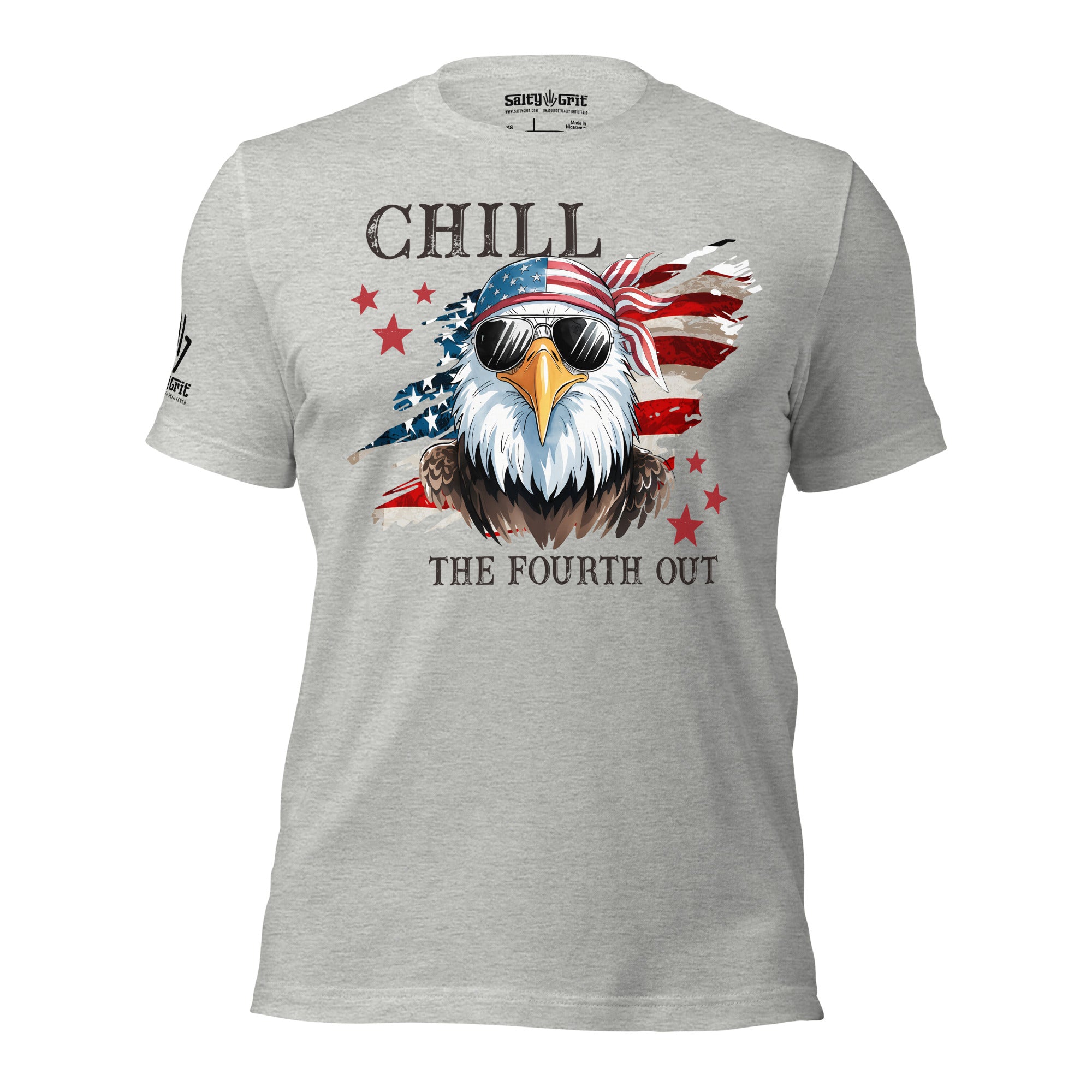 Funny patriotic shirt reading Chill the Fourth Out with bald eagle wearing bandana and sunglasses