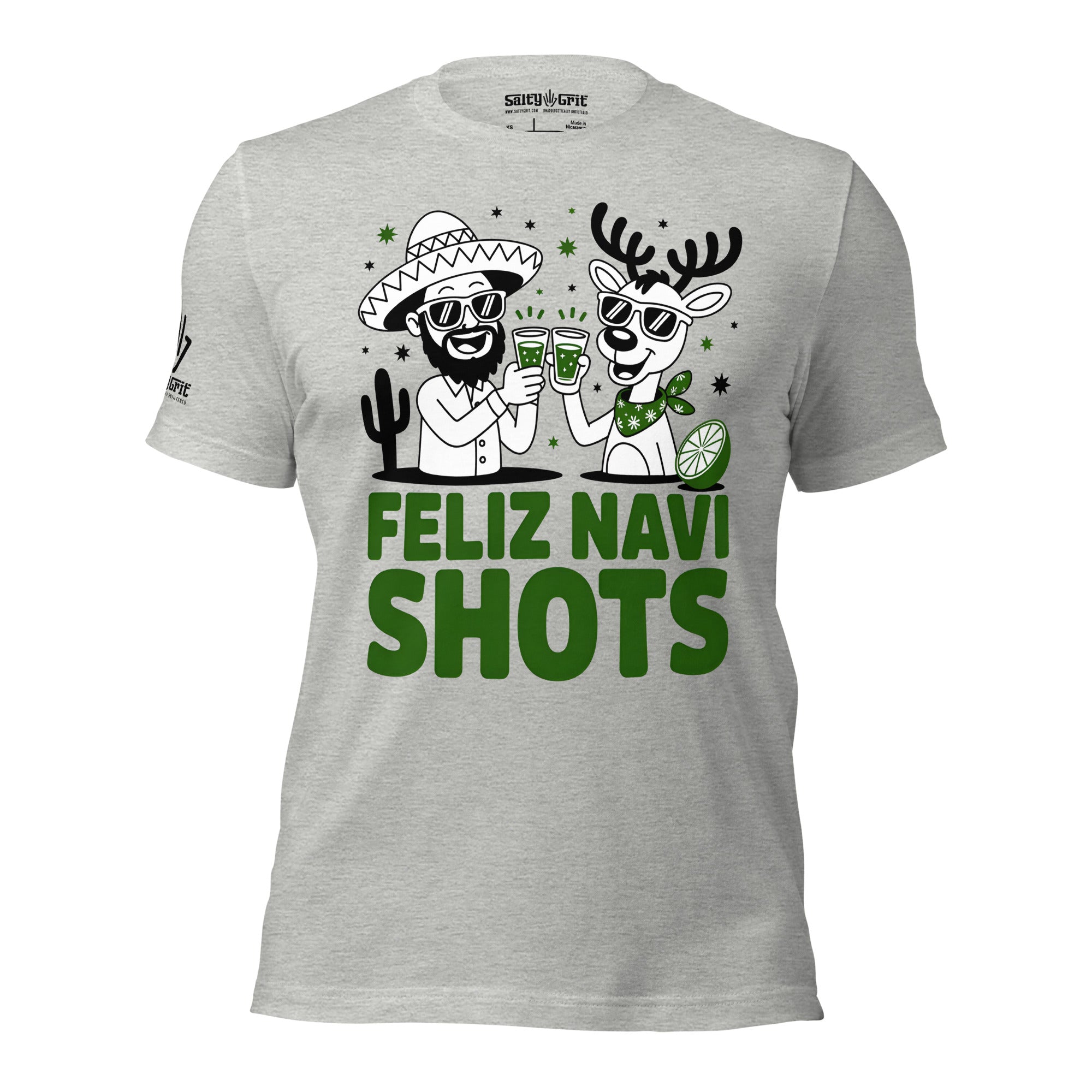 Christmas party graphic tee showing reindeer taking shots