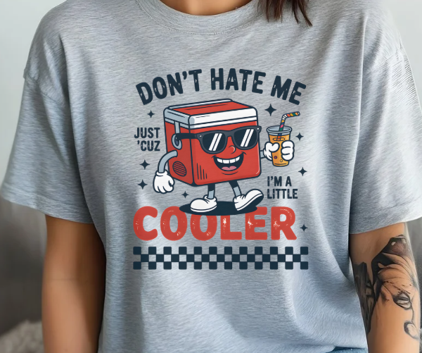 Graphic tee featuring a cooler wearing sunglasses and funny pun