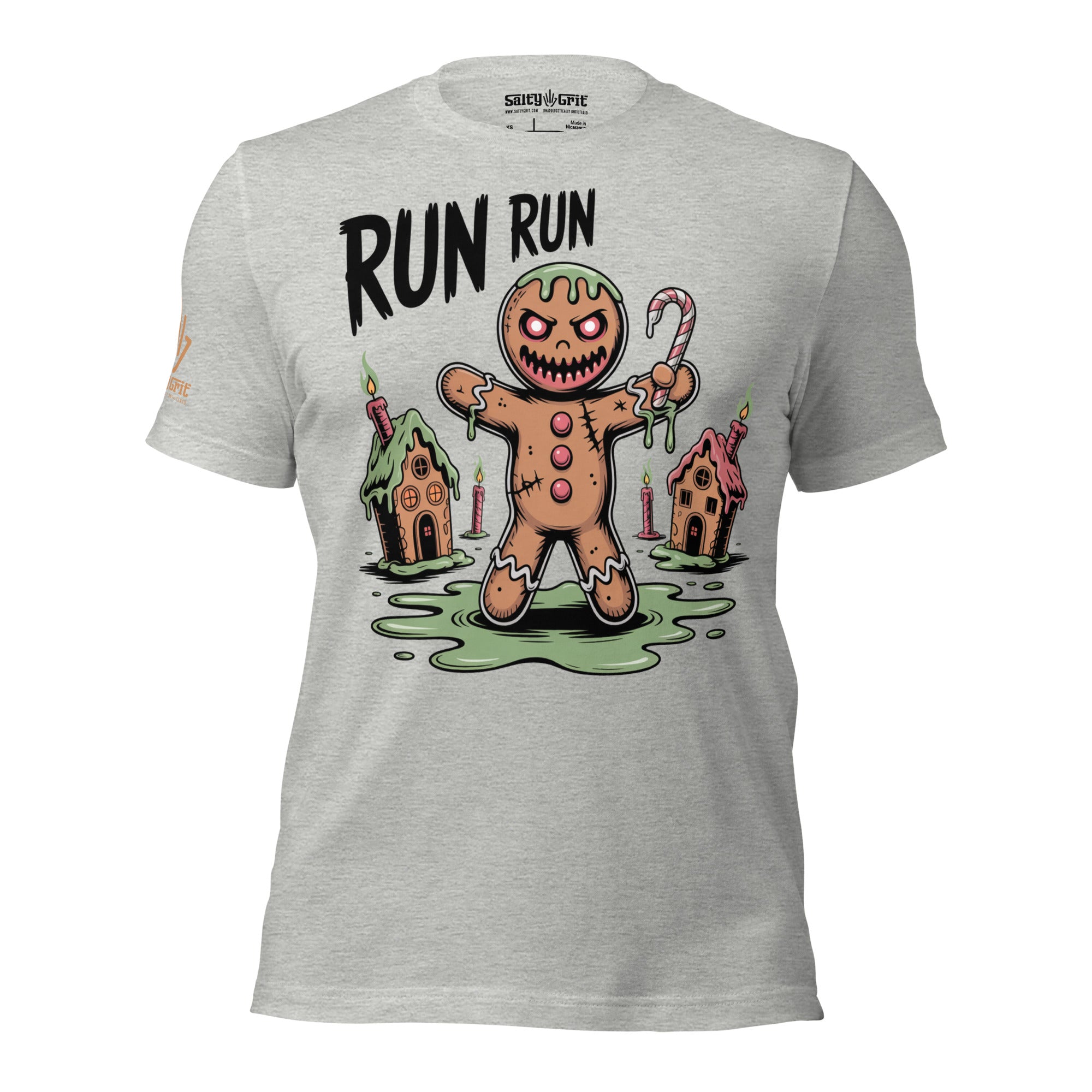 Creepy Christmas shirt with evil gingerbread man illustration