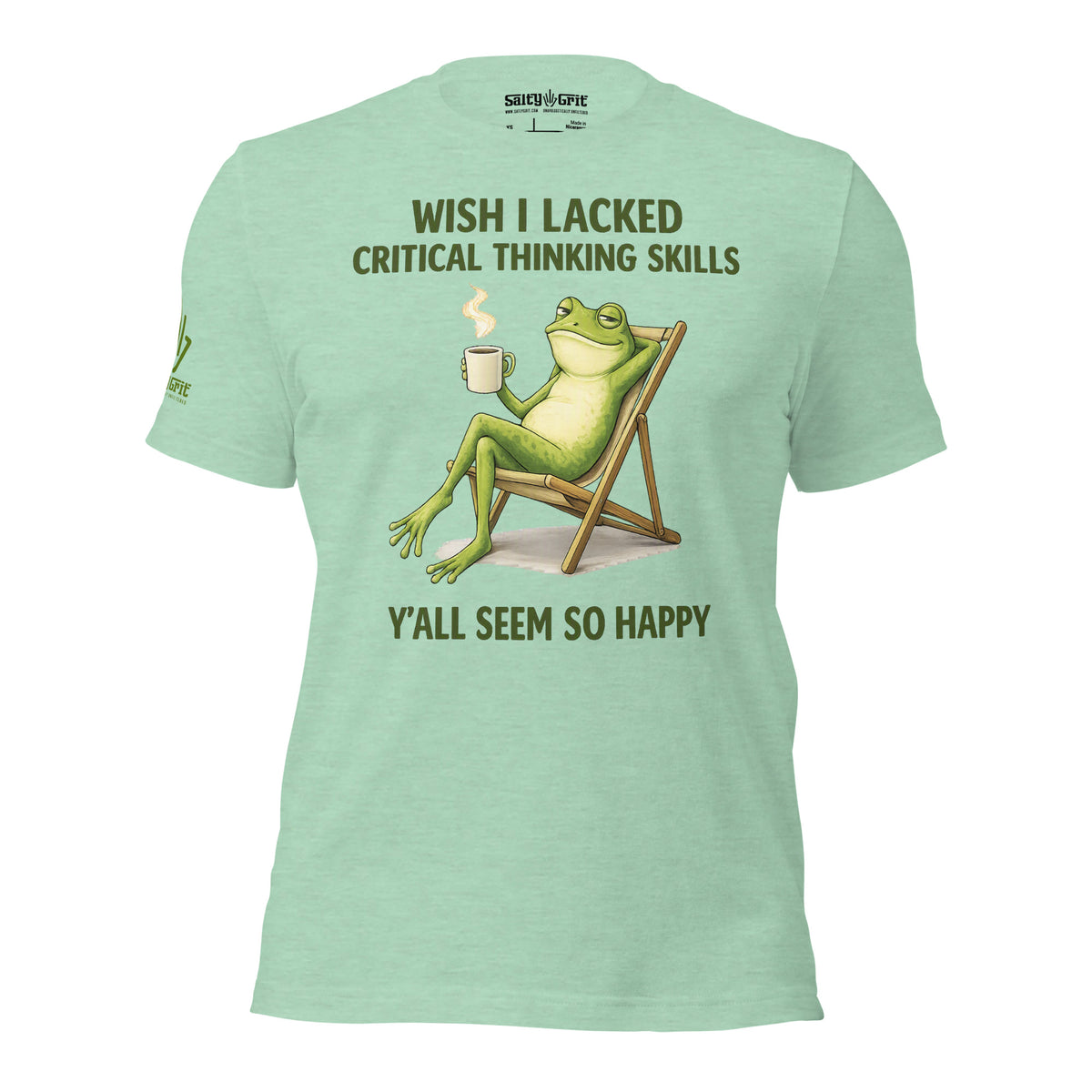 Critical-thinking humor graphic with a frog relaxing in a chair and a sarcastic quote.