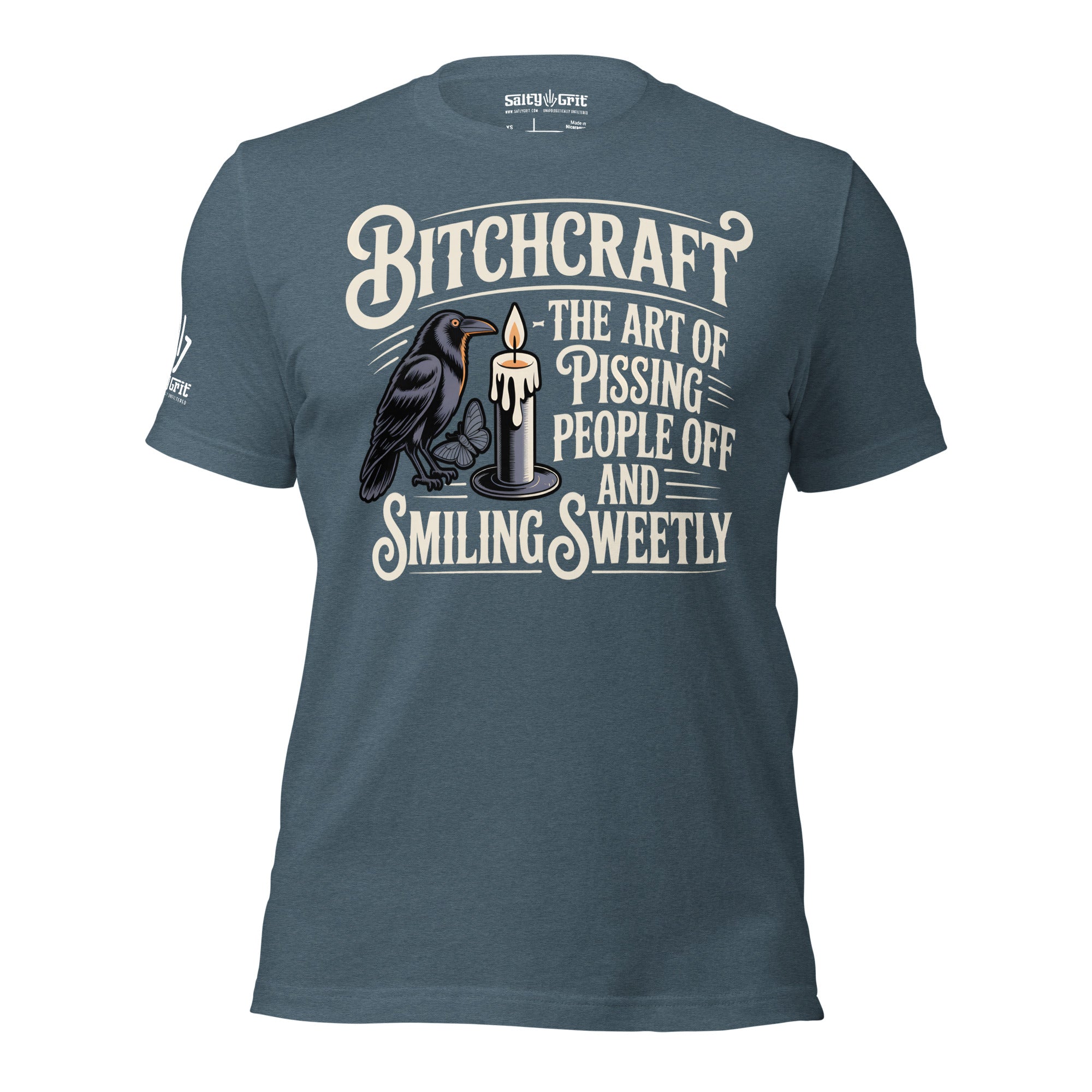 Graphic tee with crow, candle, and humorous Bitchcraft text