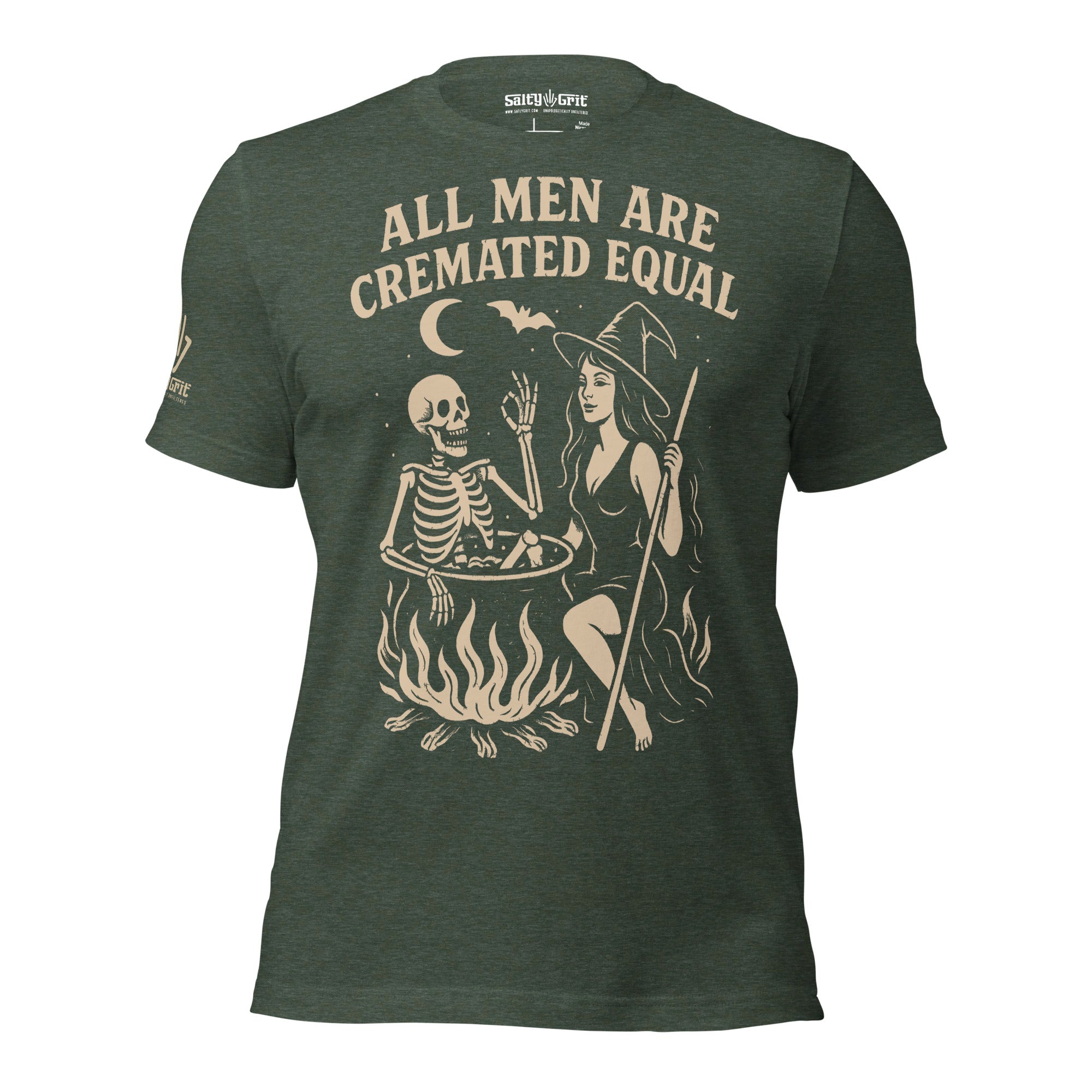 Dark humor shirt showing witch stirring skeleton in pot