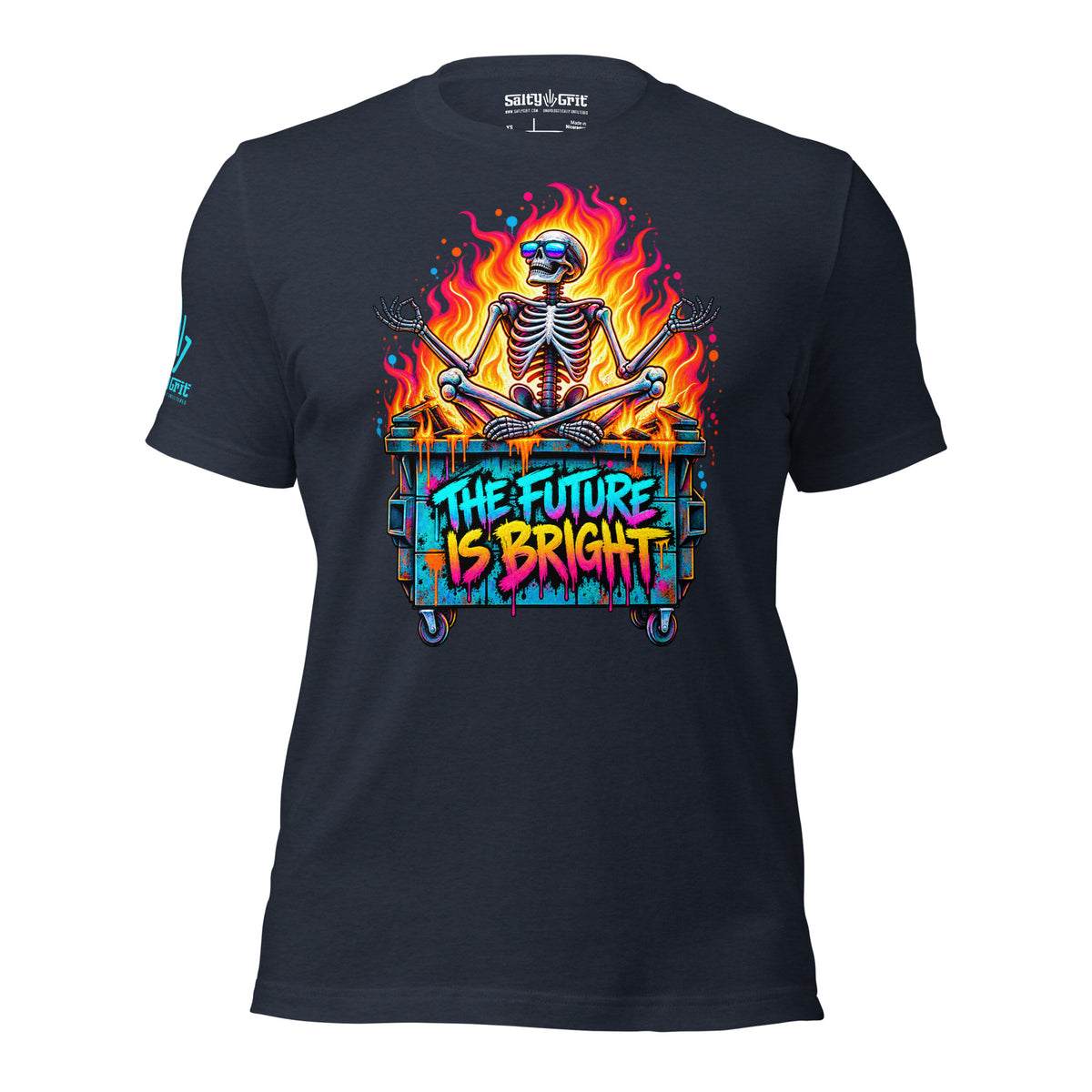 Dark-humor shirt design showing a skeleton in sunglasses surrounded by bright flames.