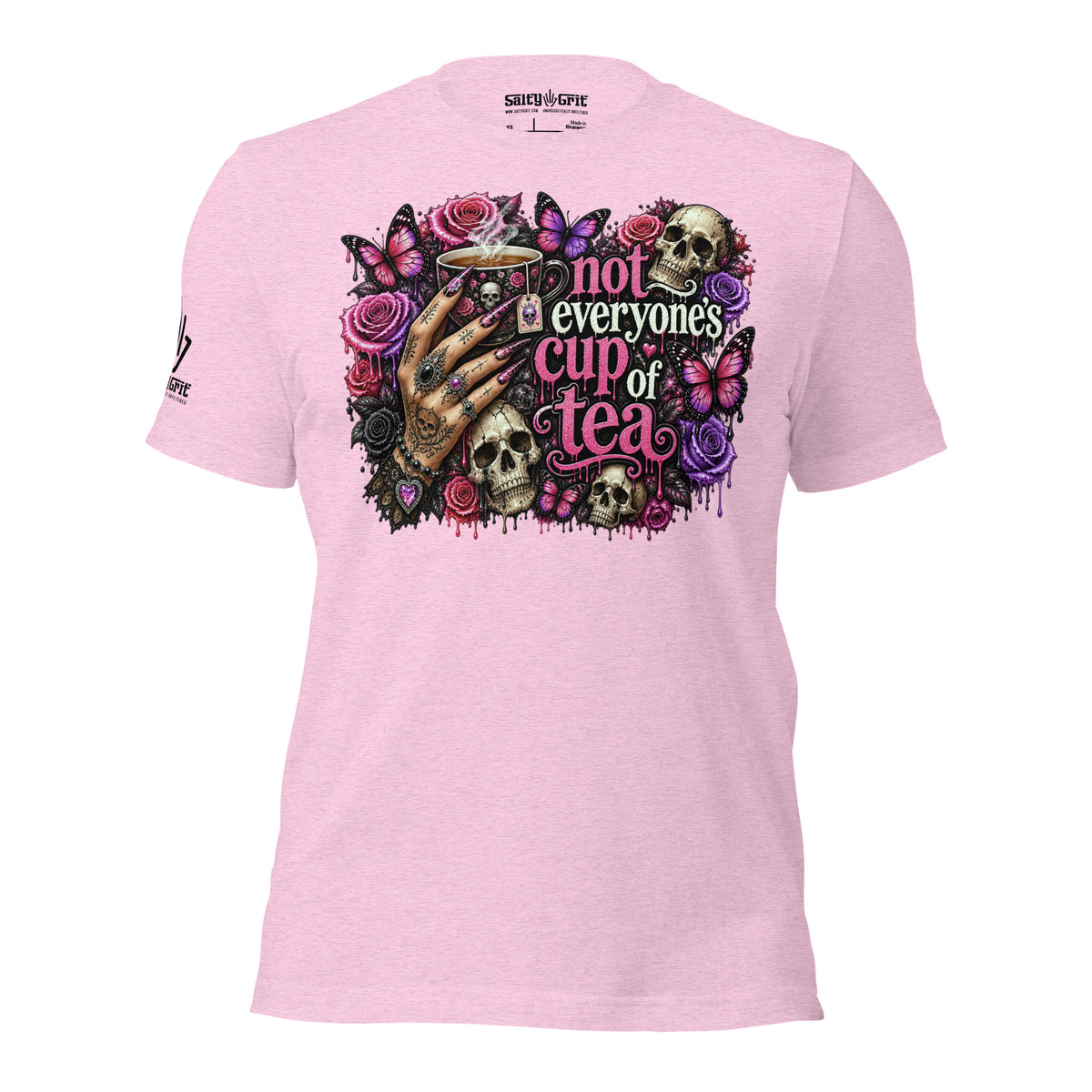 Dark humor goth graphic tee featuring skulls, roses, and sarcastic lettering