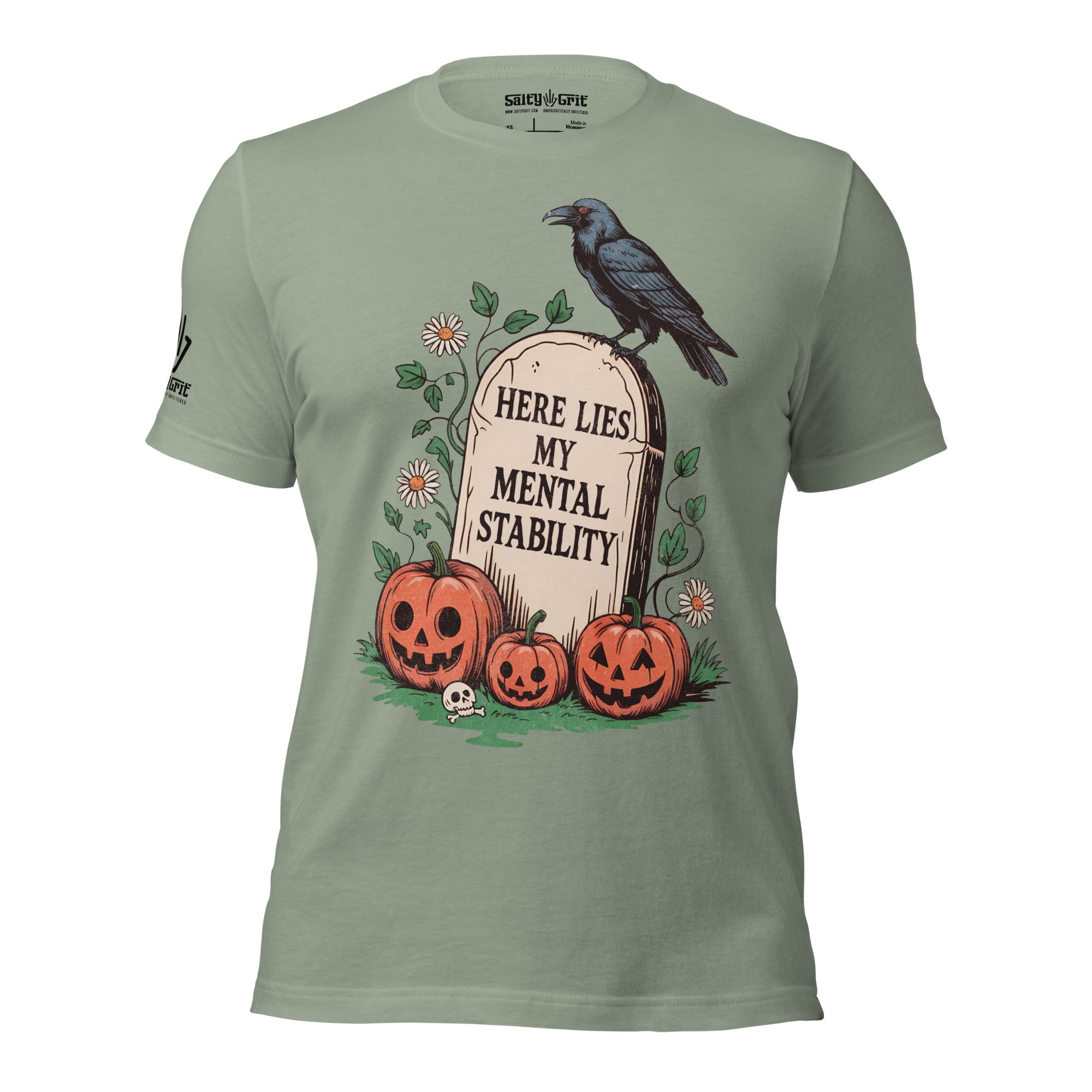 Dark humor Halloween t-shirt with crow and pumpkin artwork