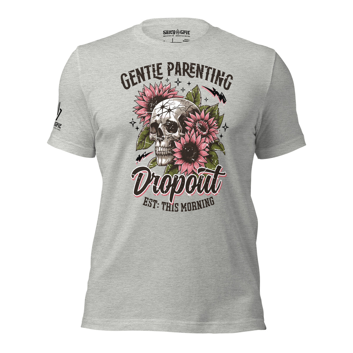 Dark humor mom graphic tee with skull, flowers, and Gentle Parent Dropout message