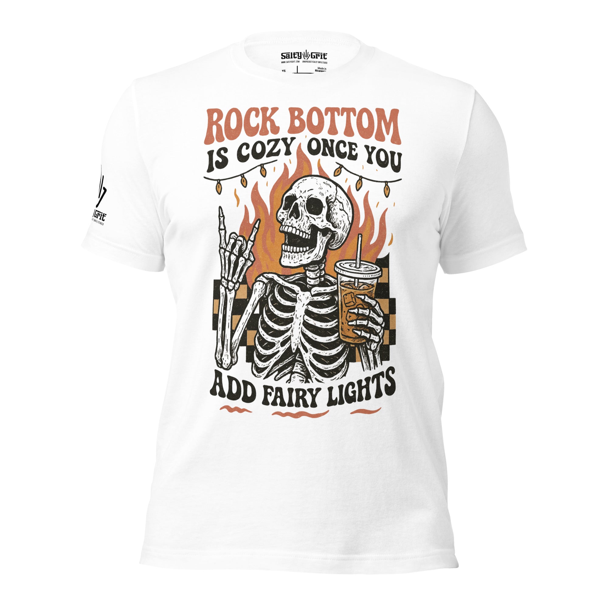 Dark humor shirt with skeleton by fire and sarcastic saying