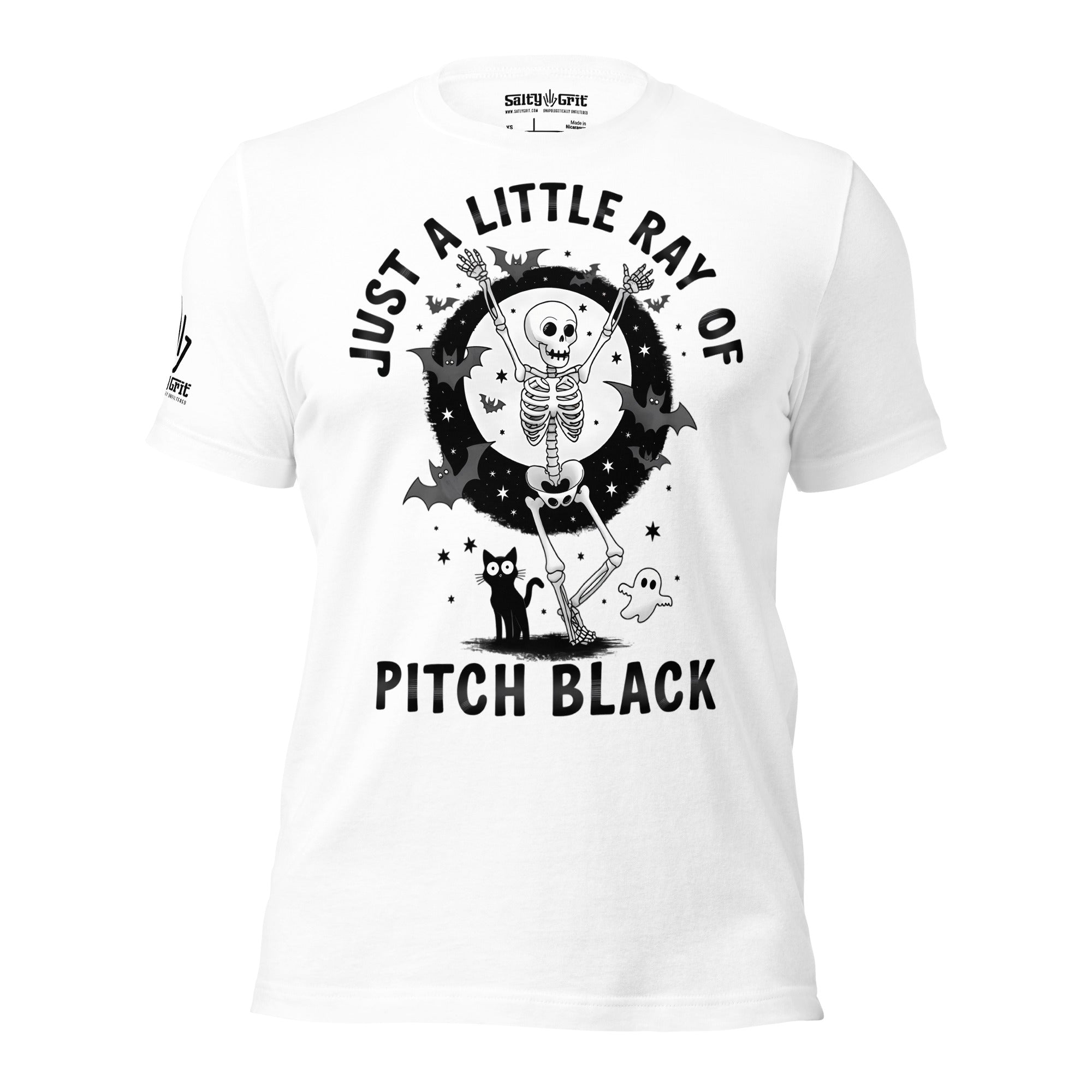 Dark humor shirt featuring skeleton and black cat artwork