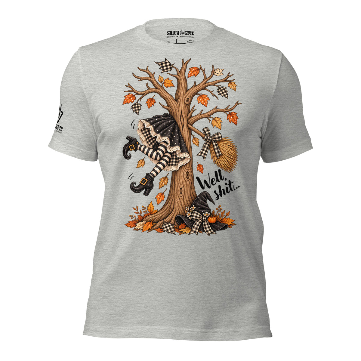 Dark humor witch Halloween shirt with sarcastic broom crash artwork