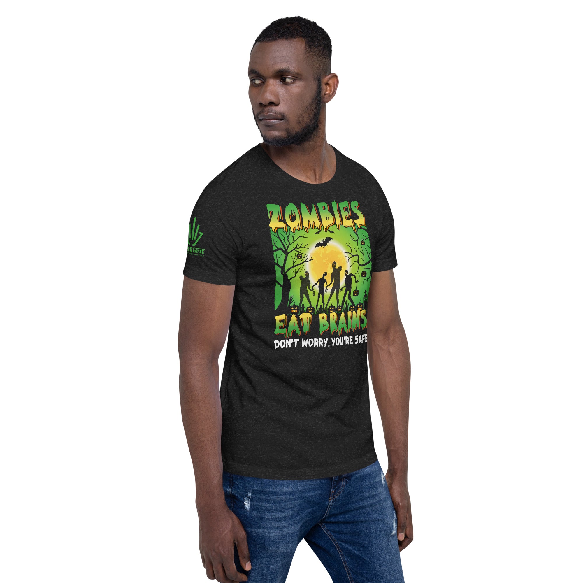 Graphic tee with dark humor zombie joke
